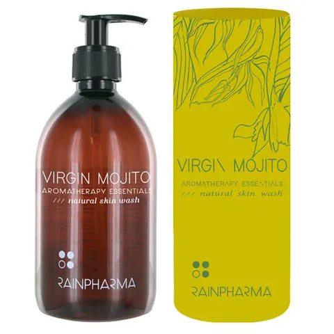 Fles RainPharma Skin Wash - Virgin Mojito met een groene doos, beide versierd met bloemenillustraties en tekstbeschrijvingen. Dit huidverzorgingsproduct toont natuurlijke ingrediënten voor een verfrissende reiniging.