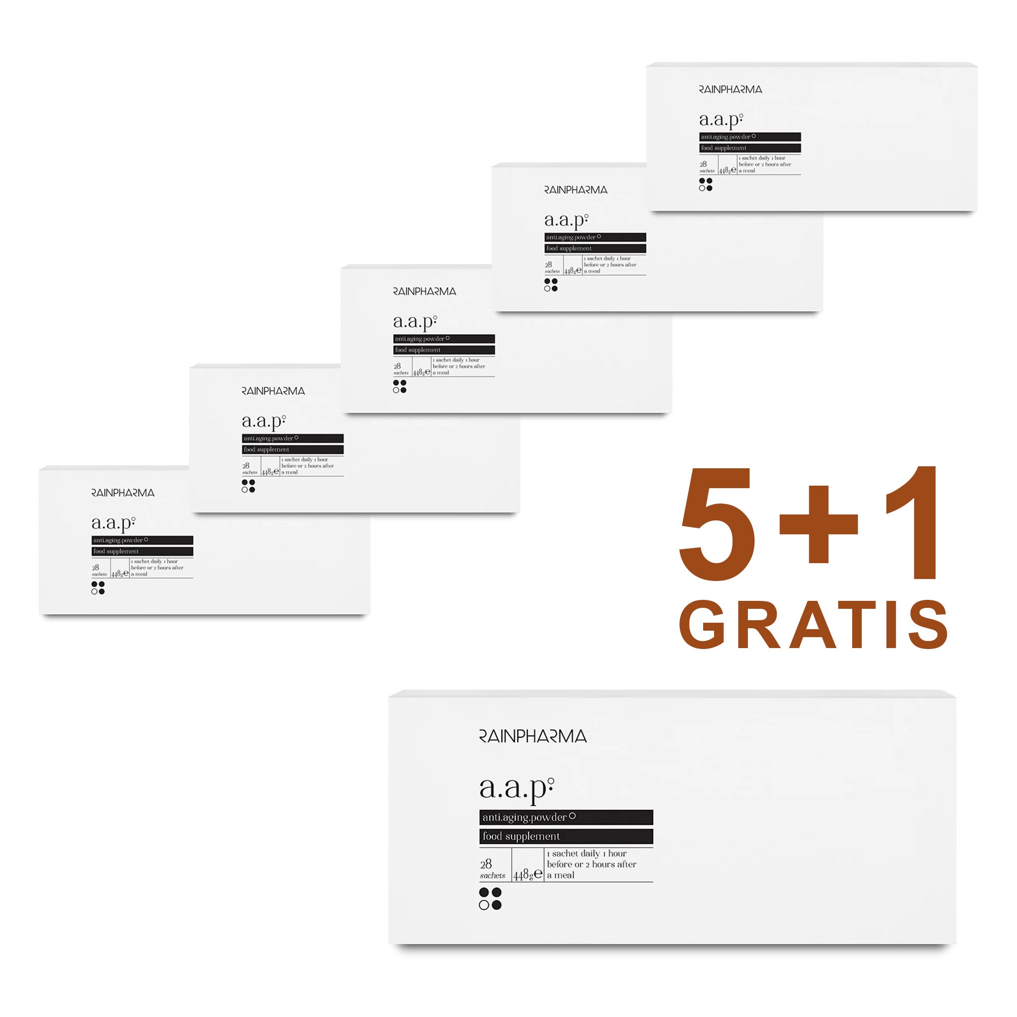 Zes witte RainPharma Collageen Supplement - A.A.P. anti.aging.powder dozen zijn gestapeld in een verspringende lay-out, met "5+1 GRATIS" in dikke bruine letters - ideaal voor degenen die geïnteresseerd zijn in viscollageen, chondroïtine of glucosamine.
