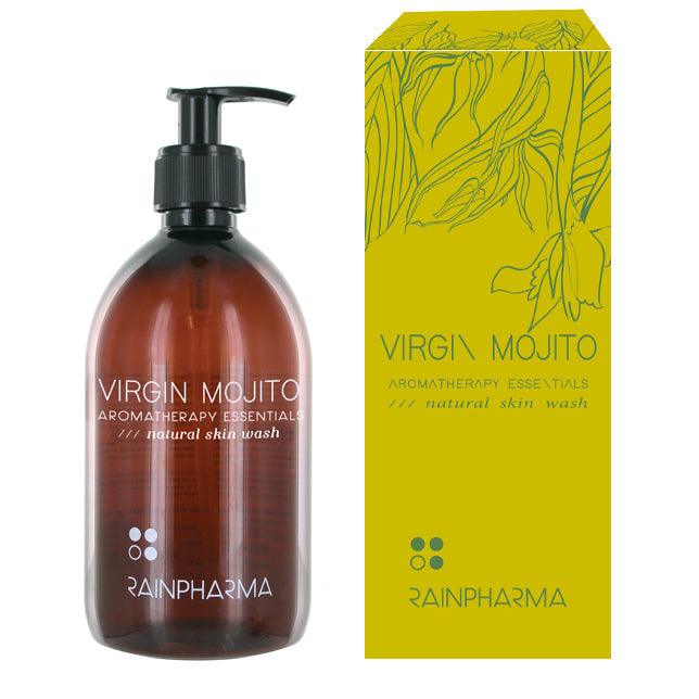 De Skin Wash - Virgin Mojito van RainPharma wordt geleverd in een bruin pompflacon met bijbehorende verpakking, verrijkt met natuurlijke ingrediënten voor een verfrissende en verkwikkende huidverzorgingservaring.