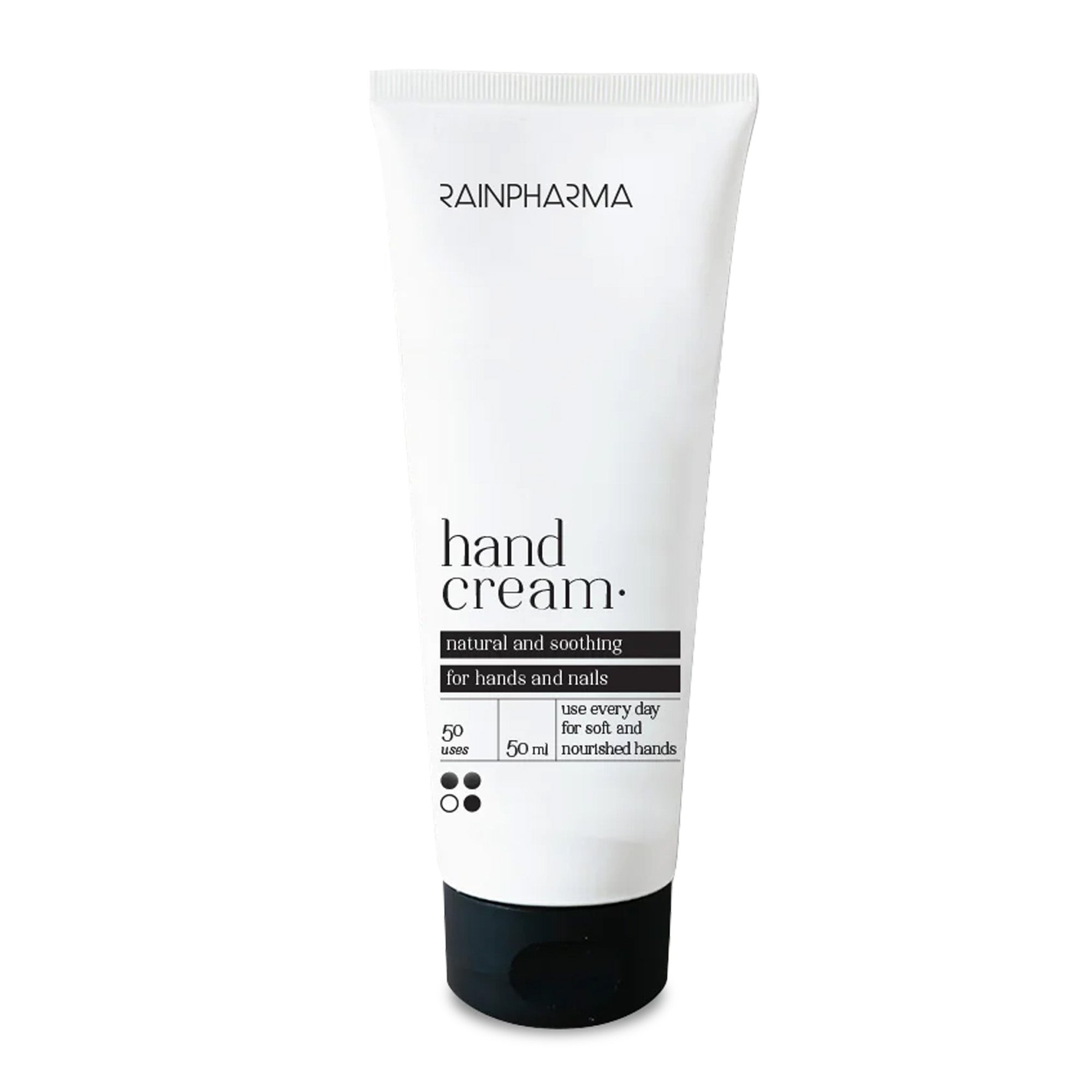 Een 50ml witte tube RainPharma Hand Cream (Exceptional Hand & Nail Cream) met een zwarte dop en minimalistisch design, gelabeld voor handen en nagels.