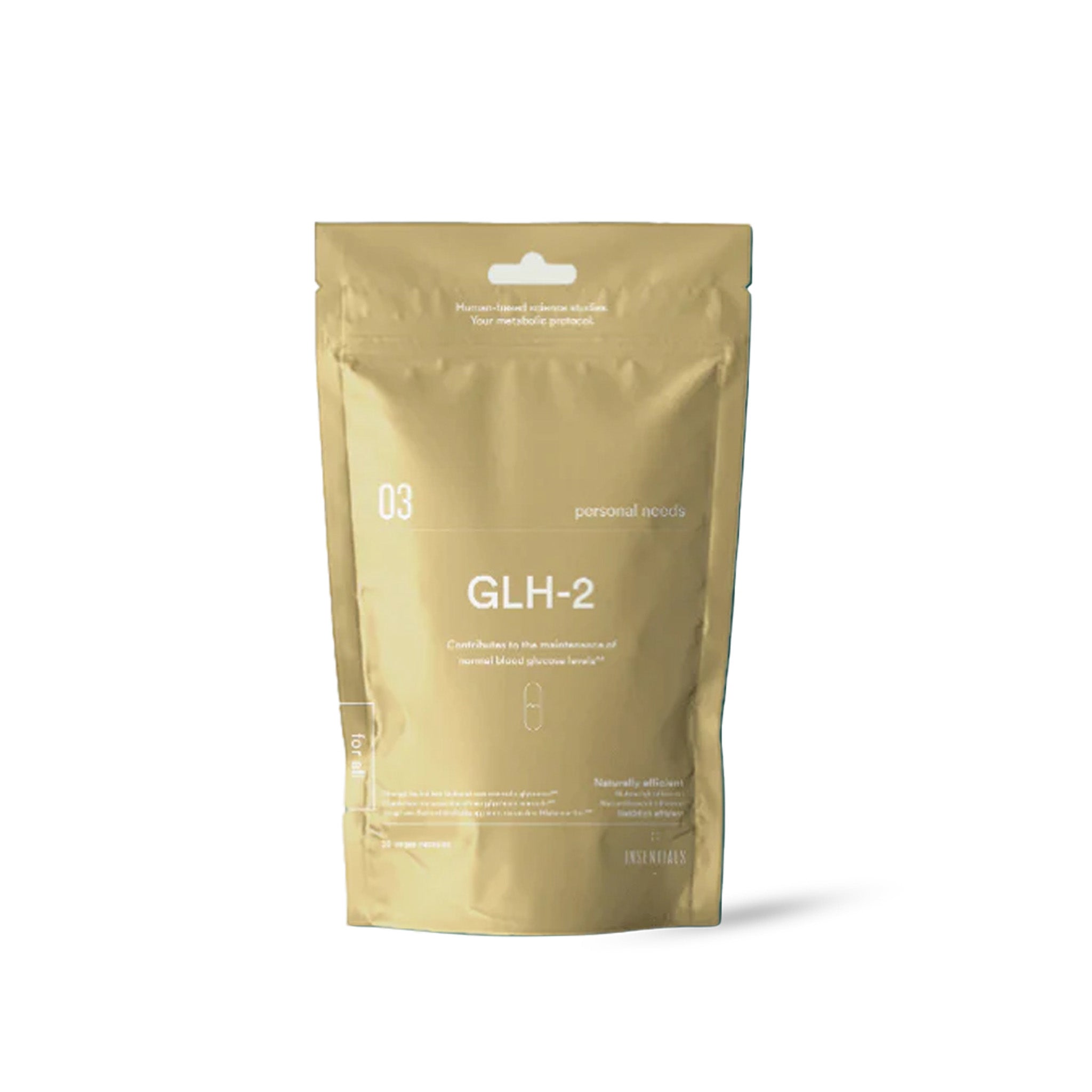Een hersluitbare gouden verpakking met het label "GLH-2" van Insentials, met minimalistische witte tekst en met witte moerbei-extract, staat rechtop tegen een effen witte achtergrond.