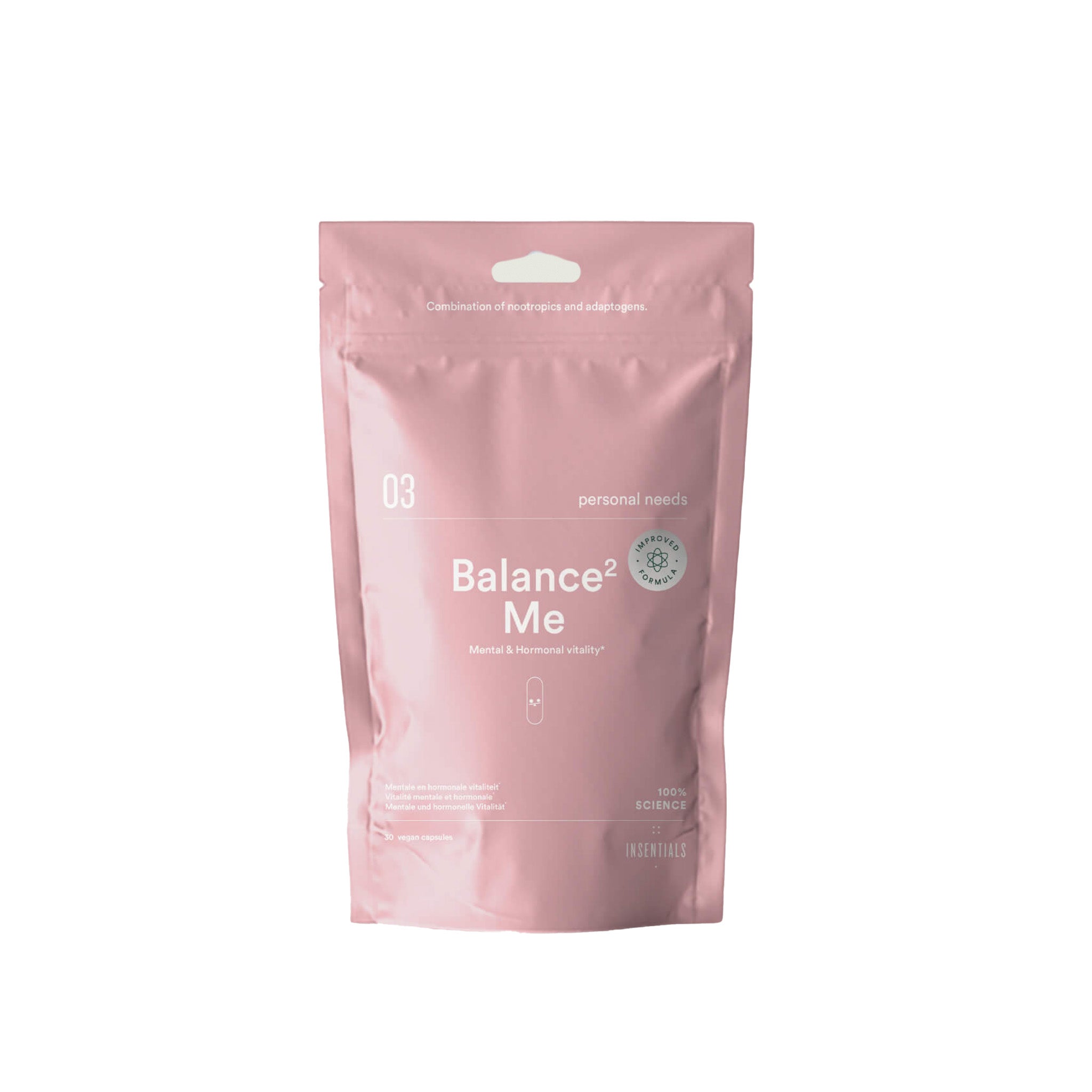 Een roze hersluitbare verpakking met het opschrift Insentials - Balance² Me voor mentale en hormonale balans en vitaliteit, met minimalistische witte tekst, een capsule-icoontje en maca op de voorkant.