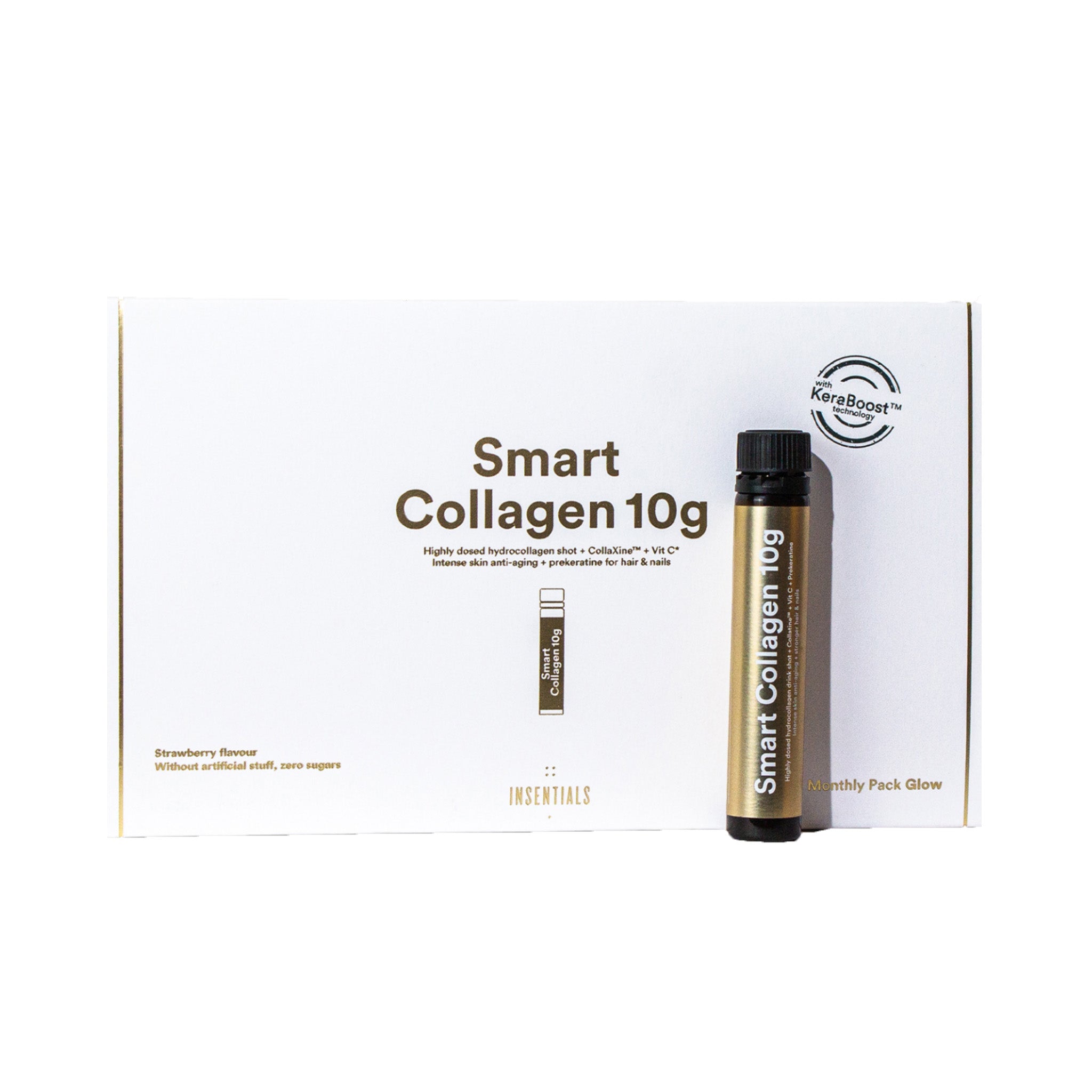 Een doos met het label "Insentials - Collageen Shot 10g" met een flesje op de voorkant. De verpakking bevat gehydrolyseerd collageen, vitamine C en CollaXine voor extra verzorging.