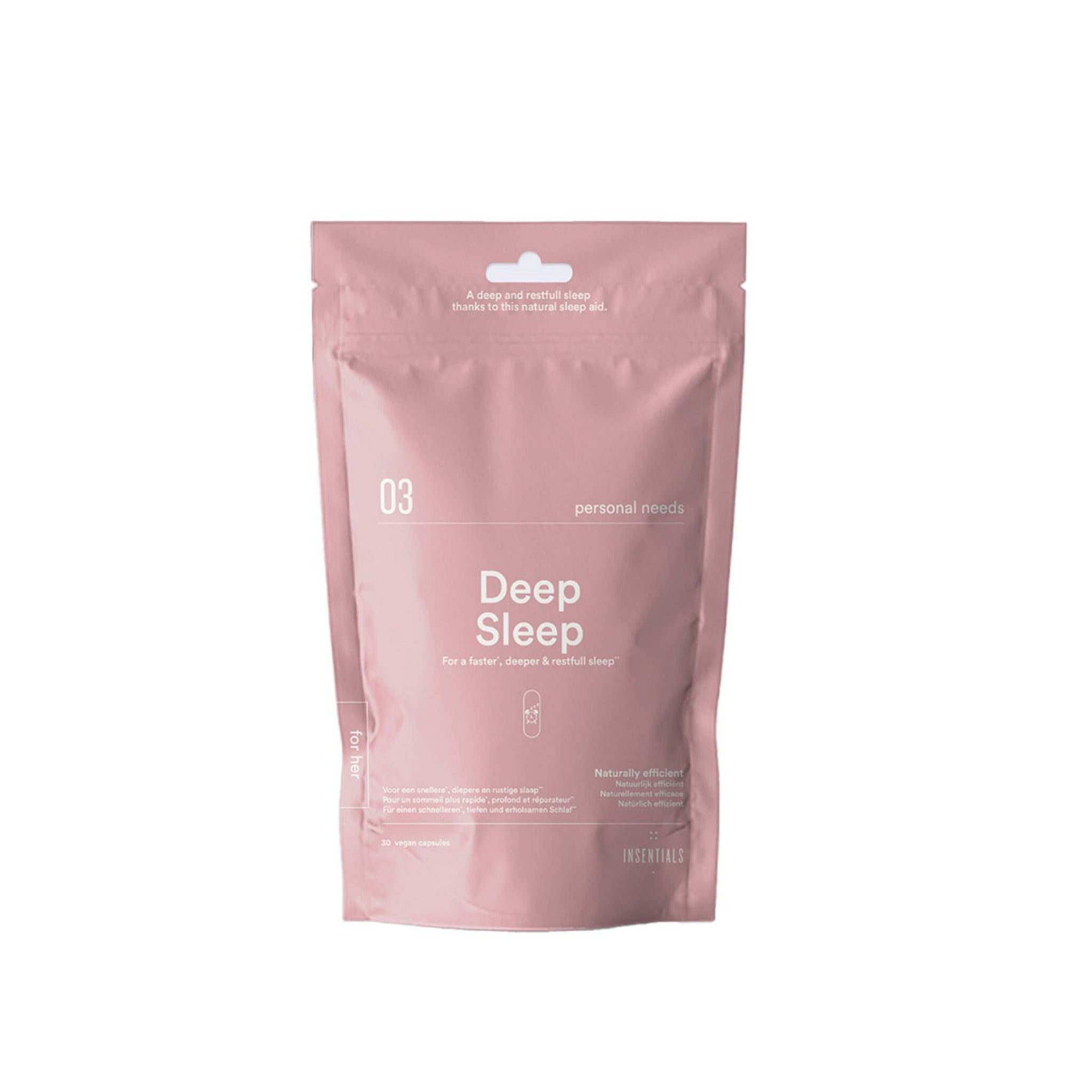 Een roze hersluitbare zak met het label "Insentials - Deep Sleep" heeft witte tekst en een minimalistisch ontwerp, met de nadruk op belangrijke ingrediënten zoals melatonine en valeriaan ter bevordering van een goede nachtrust.