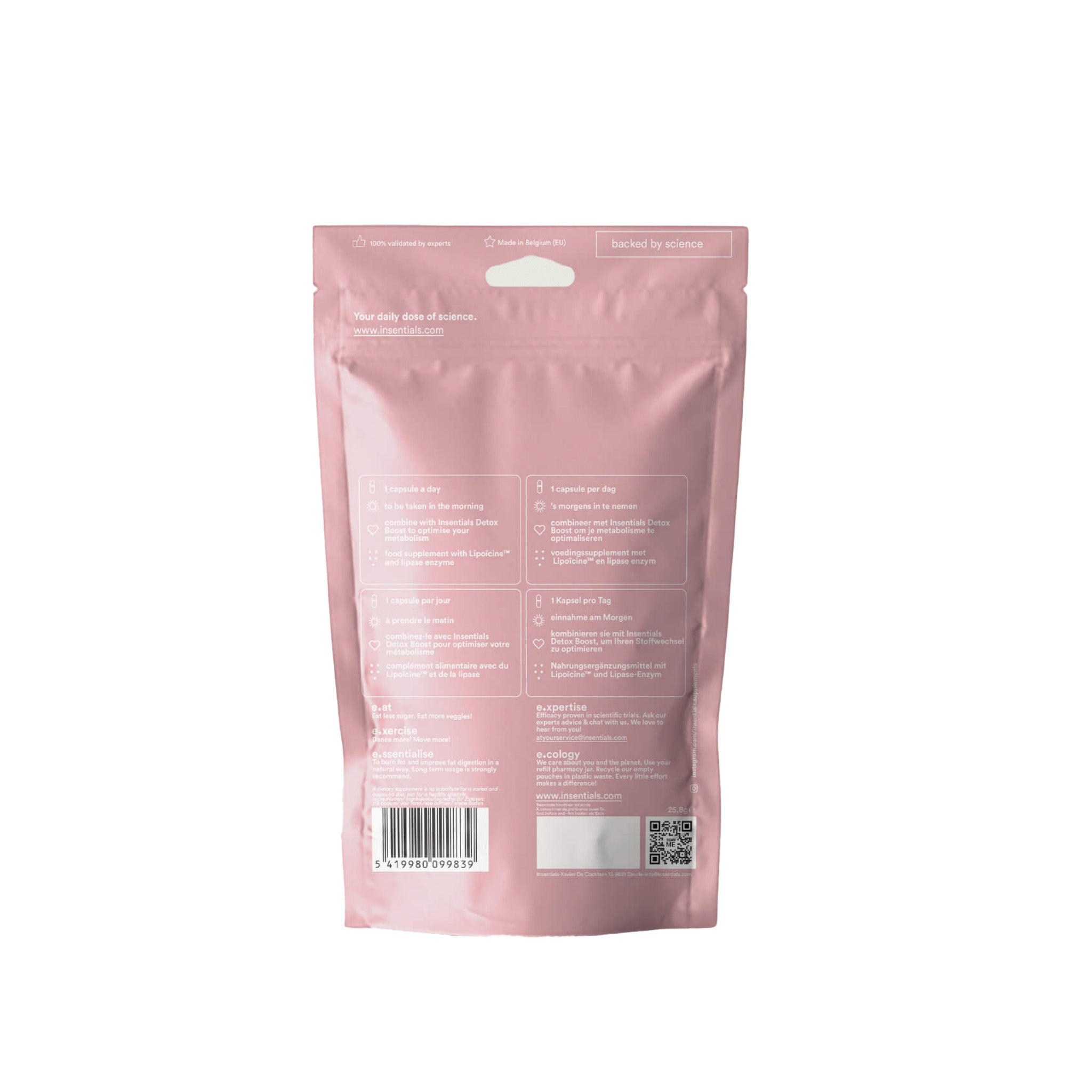 Achterkant van Insentials - Fatburner roze hersluitbare zak van Insentials, met witte tekst, selectievakjes, barcode, QR-code en een scheurinkeping - ideaal voor producten die energie en vetverbranding ondersteunen.