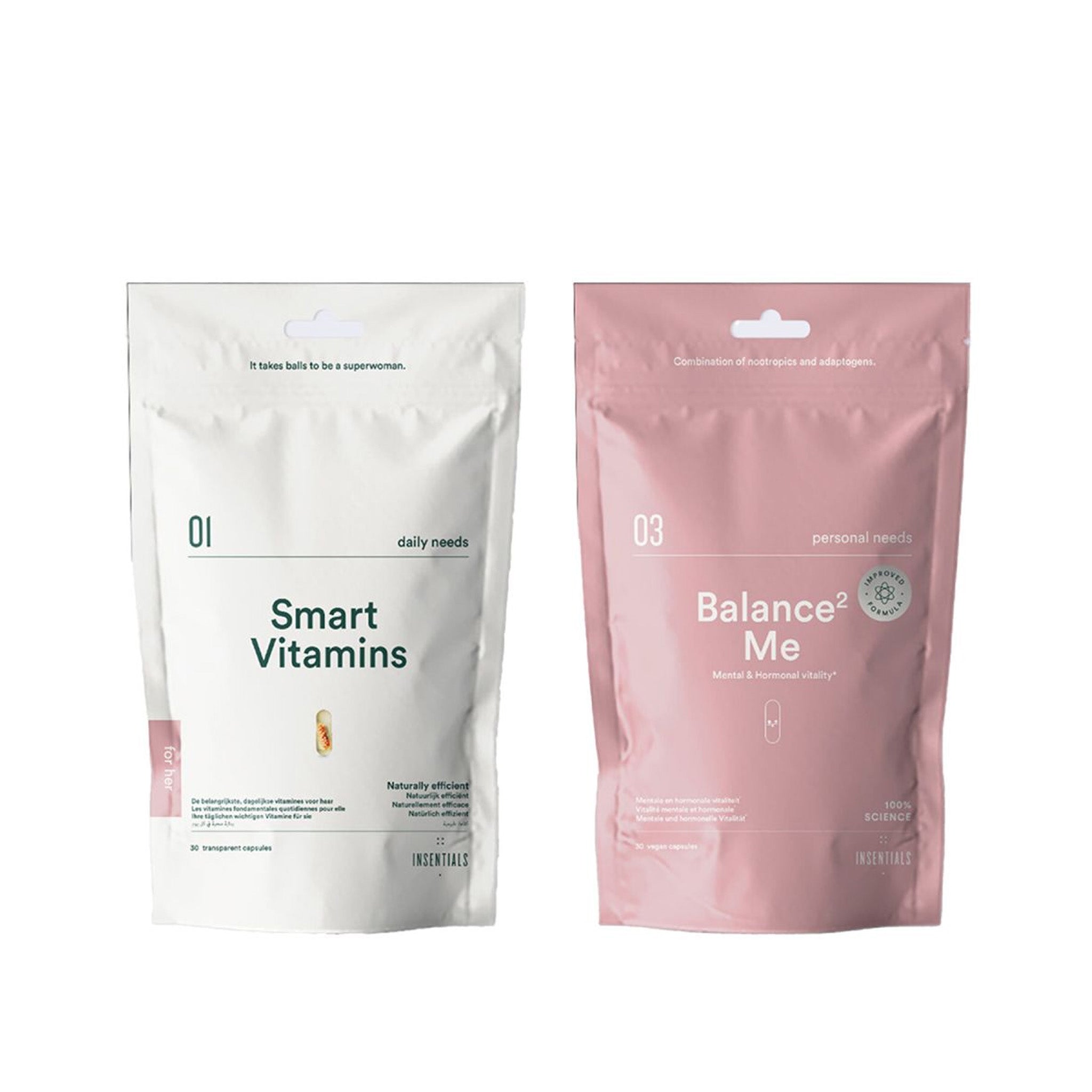 Twee hersluitbare zakjes met Insentials - Hormonal Balance Pack supplementen van Insentials staan rechtop op een effen witte achtergrond.