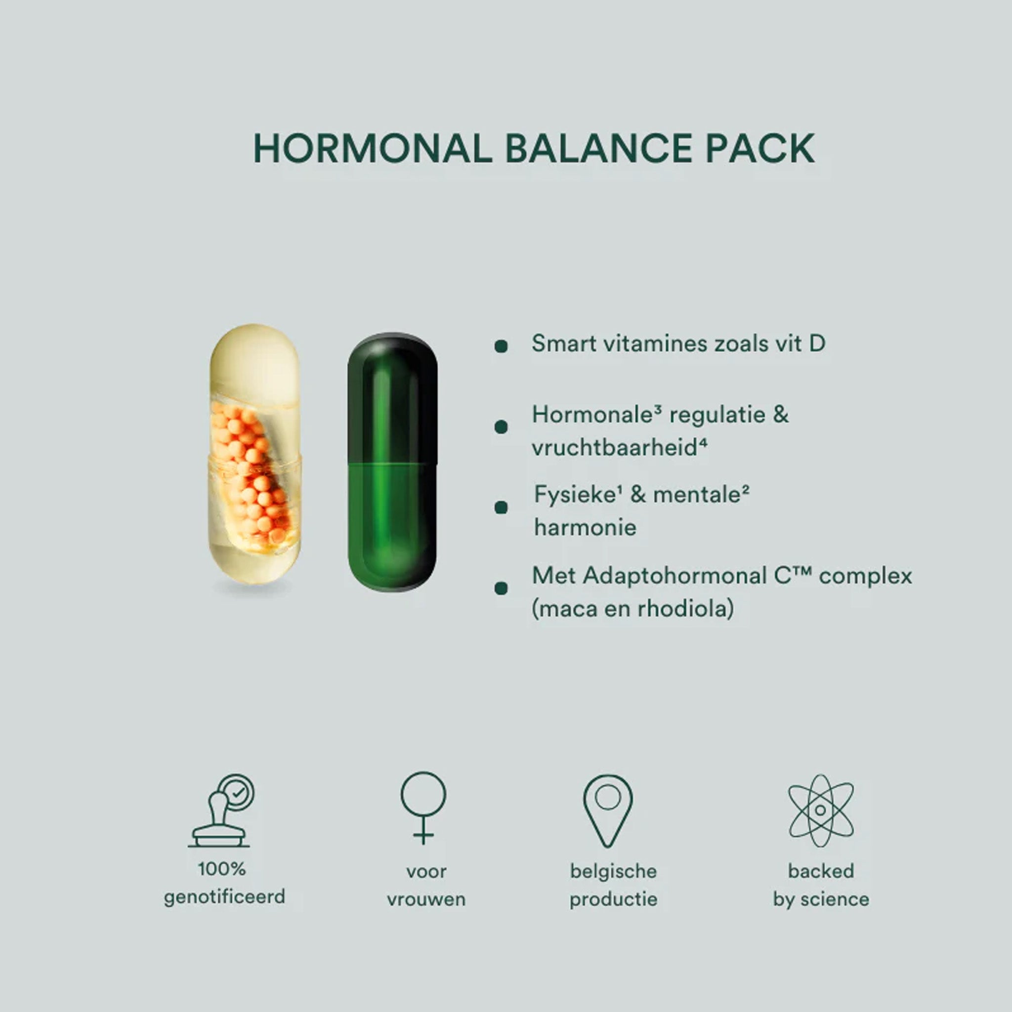 Afbeelding van Insentials - Hormonal Balance Pack, met twee capsules, een Nederlandstalige lijst met functies en pictogrammen voor genetische tests, vrouwen, Belgische productie en wetenschappelijke ondersteuning van Adaptohormonal C™.