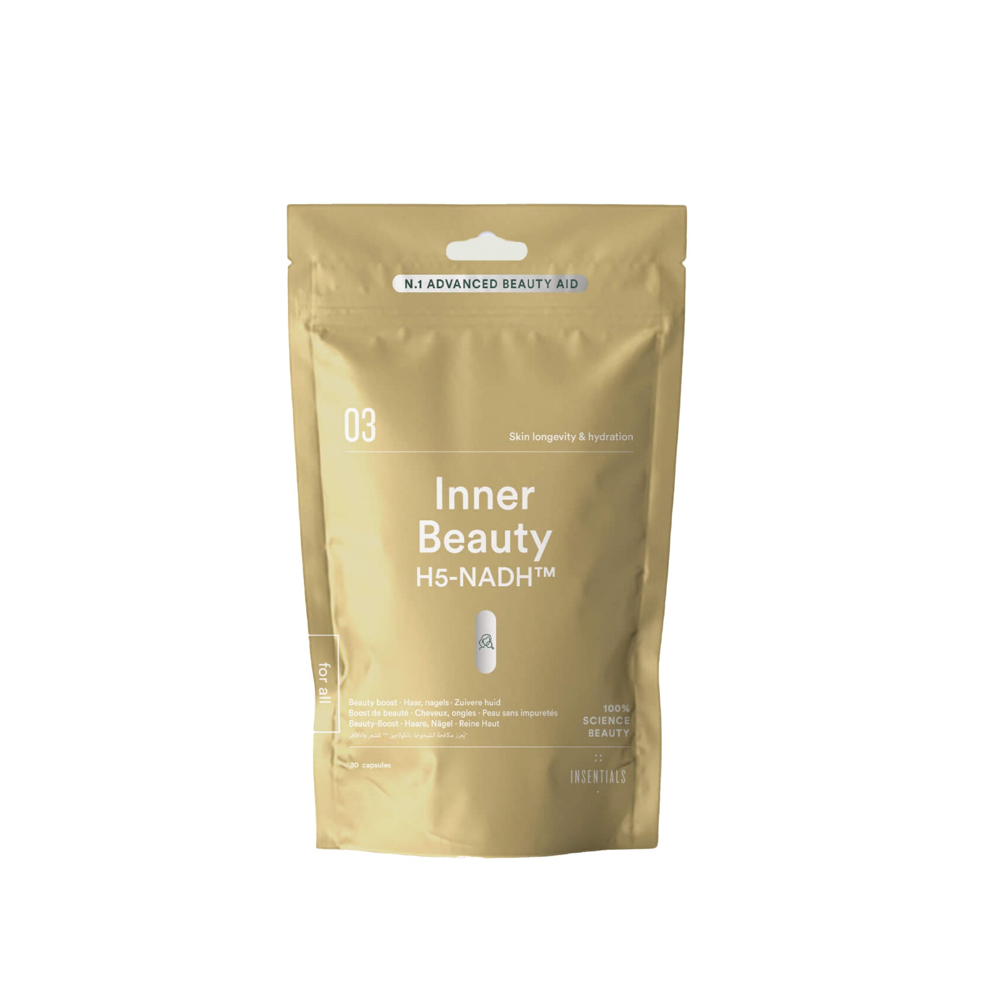 Een hersluitbare gouden zak met het label "Inner Beauty H5-NADH™", voedingssupplement met NADH-zink voor huidverjonging, een langere levensduur en hydratatie van het merk Insentials.