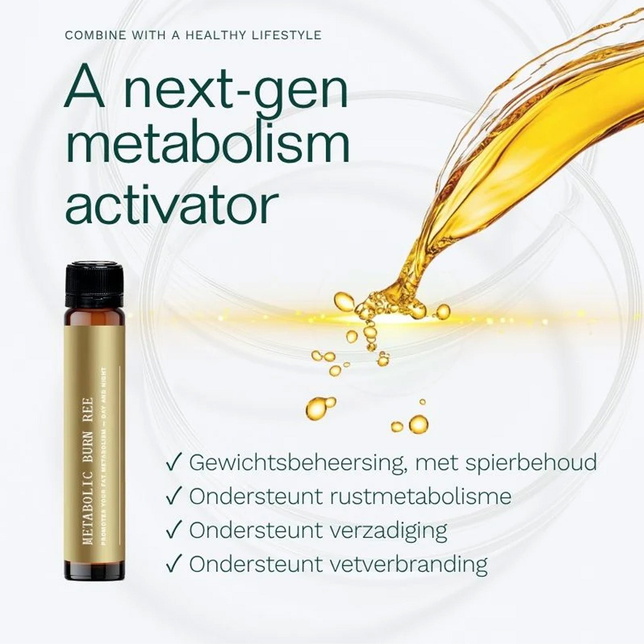 Een flacon met de tekst "Insentials - Metabolic GLH-2 REE Pack" verschijnt naast een plens gouden vloeistof, met Nederlandse tekst die de nadruk legt op detox, vetverbranding en ondersteuning bij gewichtsverlies.