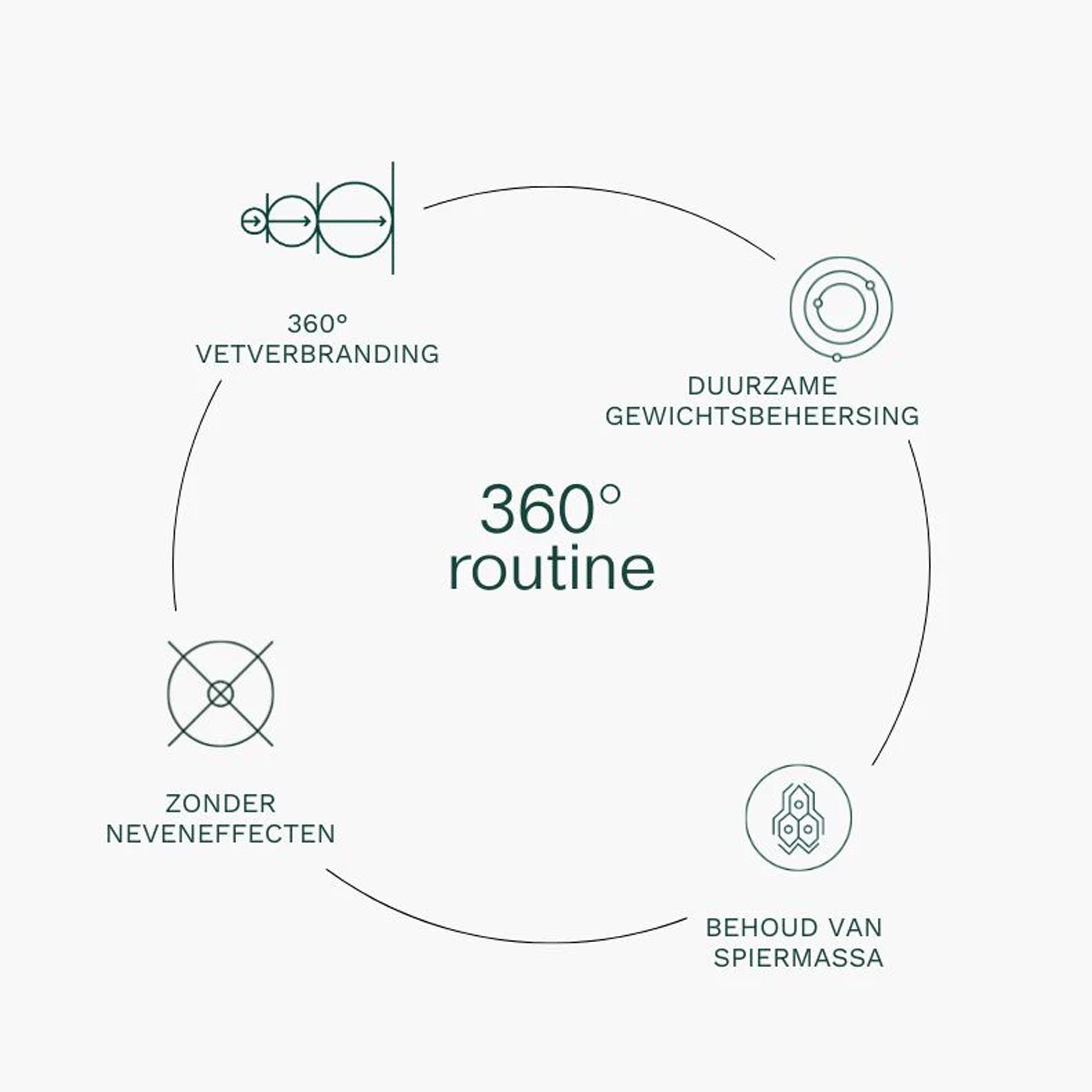 Het Insentials - Metabolic GLH-2 REE Pack heeft een "360° routine" schema met Nederlandse secties: vetverbranding, duurzame gewichtsbeheersing, behoud van spiermassa, geen bijwerkingen - ideaal voor gewichtsverlies.