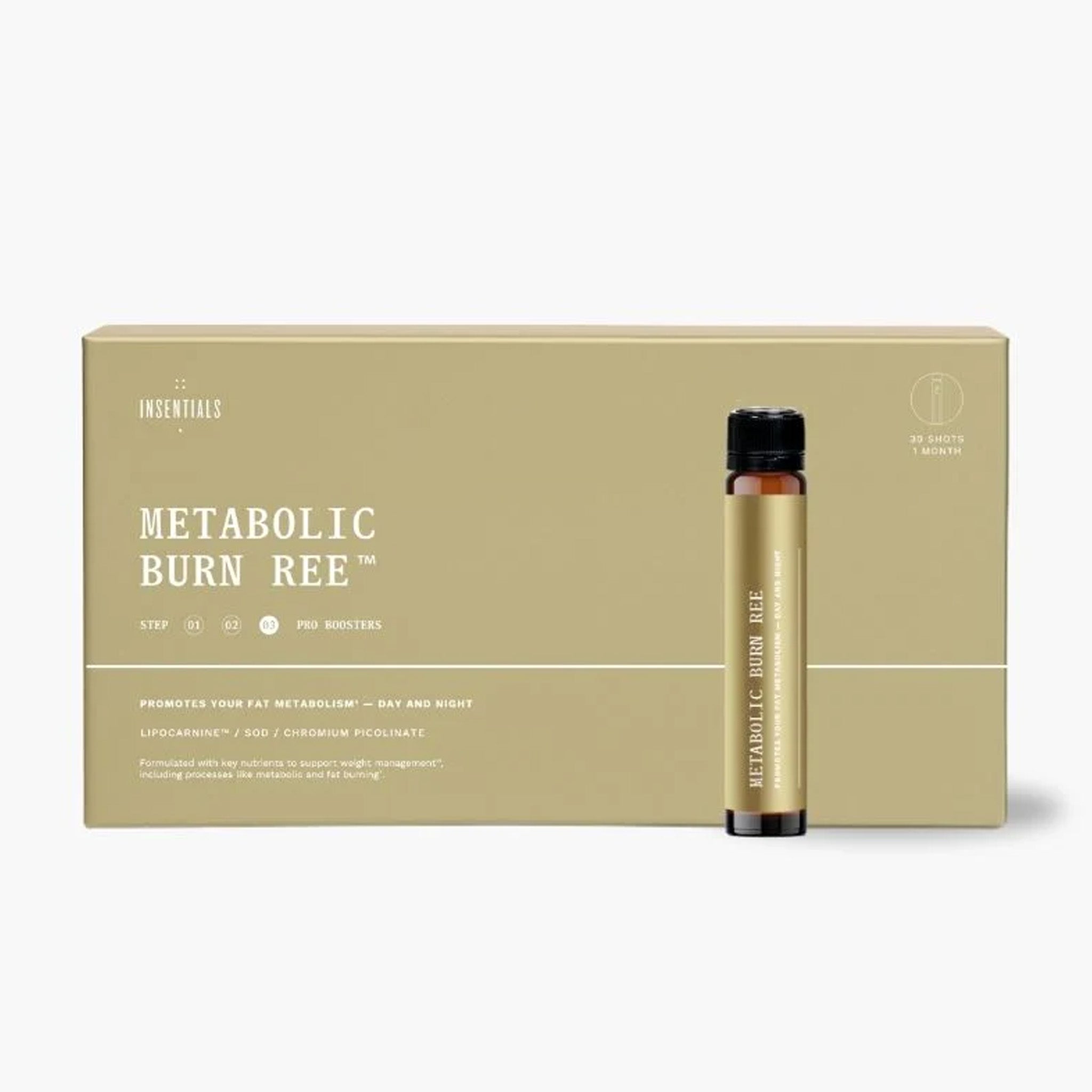 Een beige doos met het label "Insentials - Metabolic Burn REE shot" met een bijpassende flacon ervoor benadrukt de ingrediënten en voordelen voor vetverbranding, gewichtsverlies, spiermassa en een gezonder lichaam van Insentials.