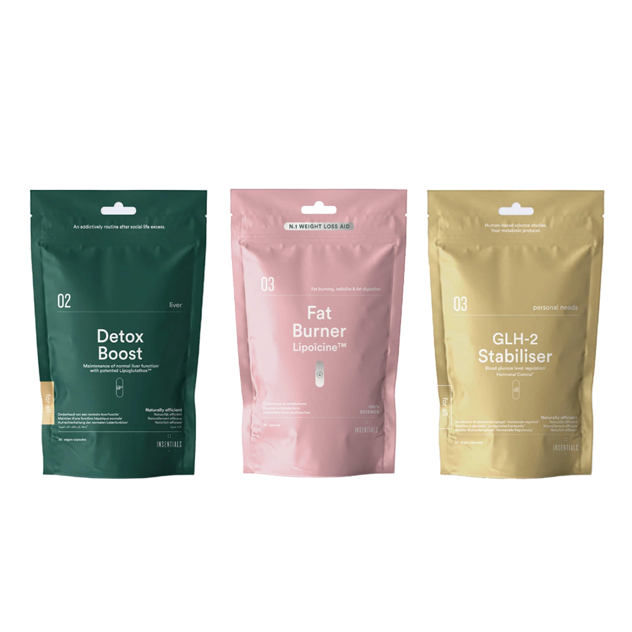 De Insentials - Metabolic GLH-2 Pack bevat drie hersluitbare zakjes - Detox Boost, Fat Burner en GLH-2 Stabiliser - met minimalistische ontwerpen en unieke kleuren ter ondersteuning van GLH-2 en natuurlijke vetverbranding.