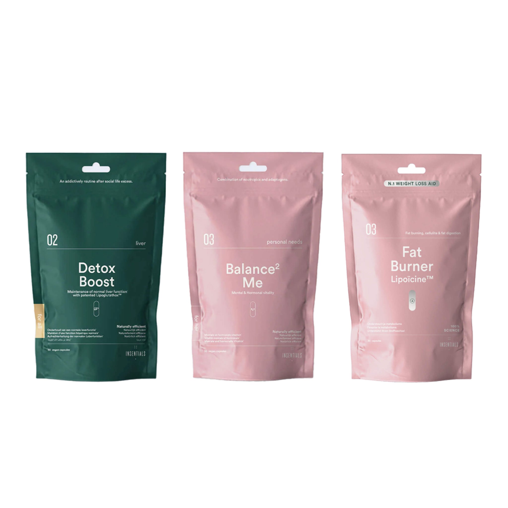 Drie hersluitbare zakjes met de opdruk Insentials - (Peri)Menopause Pack van Insentials, elk ontworpen voor detox en gewichtsbeheersing, staan naast elkaar in verschillende kleuren op een witte achtergrond.