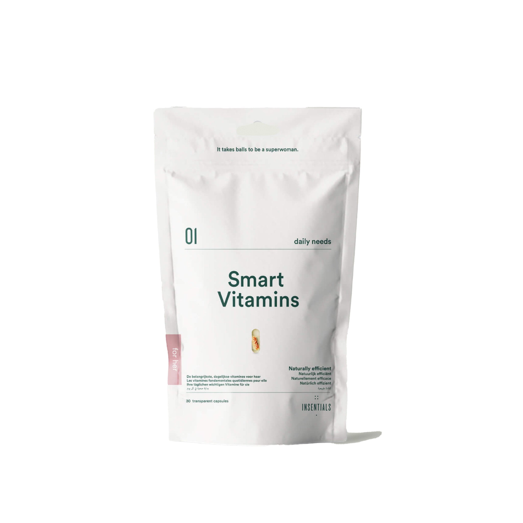 Een witte hersluitbare verpakking met het opschrift "Insentials Smart Vitamines" met een minimalistisch design, met 30 transparante capsules van Insentials ter ondersteuning van de hormoonbalans.