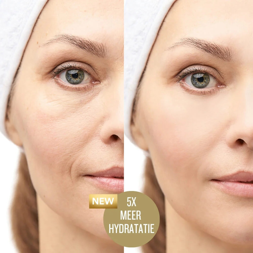 Close-up van het gezicht van een vrouw met huidhydratatie voor en na: de linkerkant is droger, de rechterkant ziet er gladder en beter gehydrateerd uit. Insentials Anti-Aging Pack met H5-NADH™ zorgt voor 5X MEER HYDRATATIE.