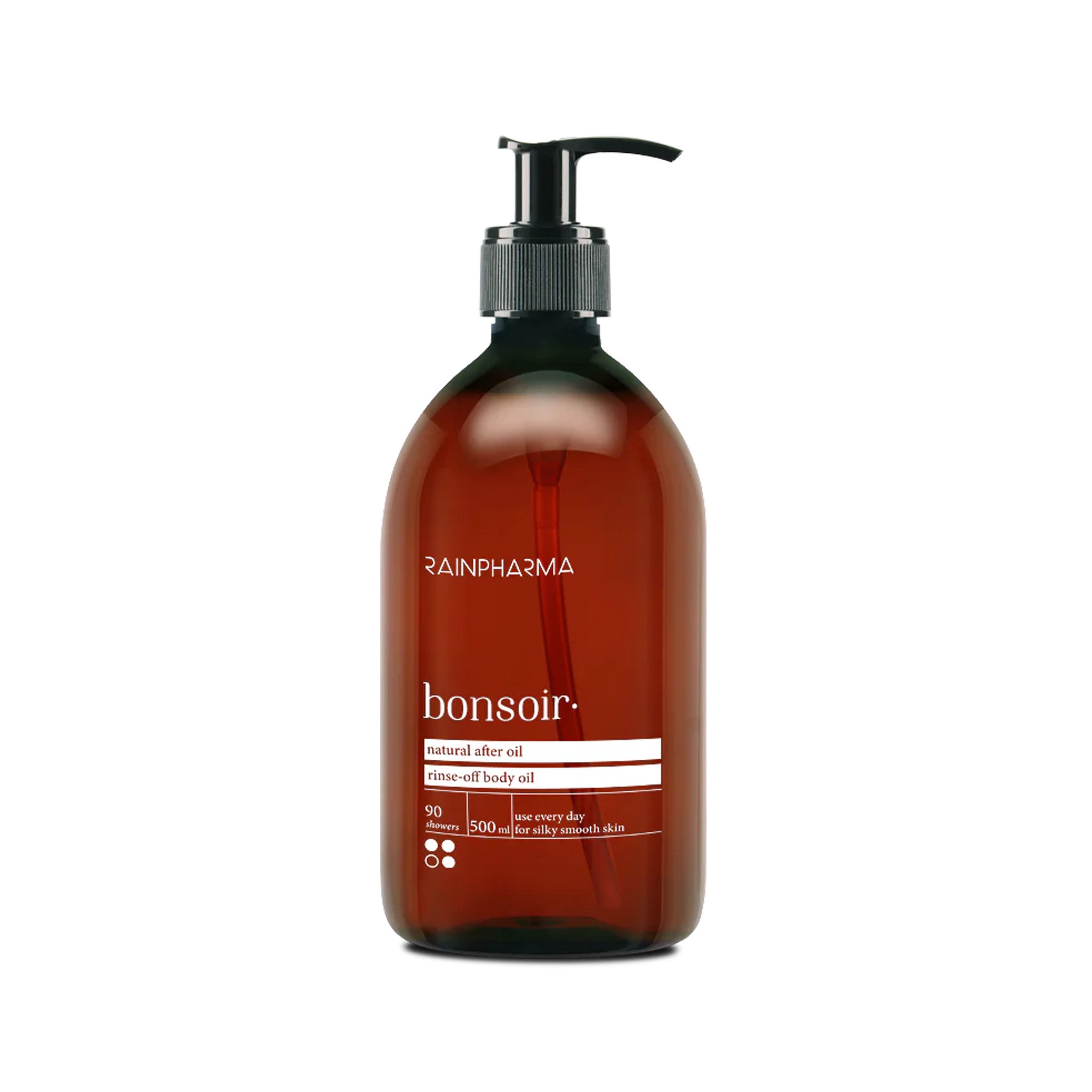 Een bruine pompflacon van 500 ml RainPharma After Oil Bonsoir, met witte tekst en een zwarte dispenser, bevat ontspannende lichaamsolie verrijkt met essentiële oliën.