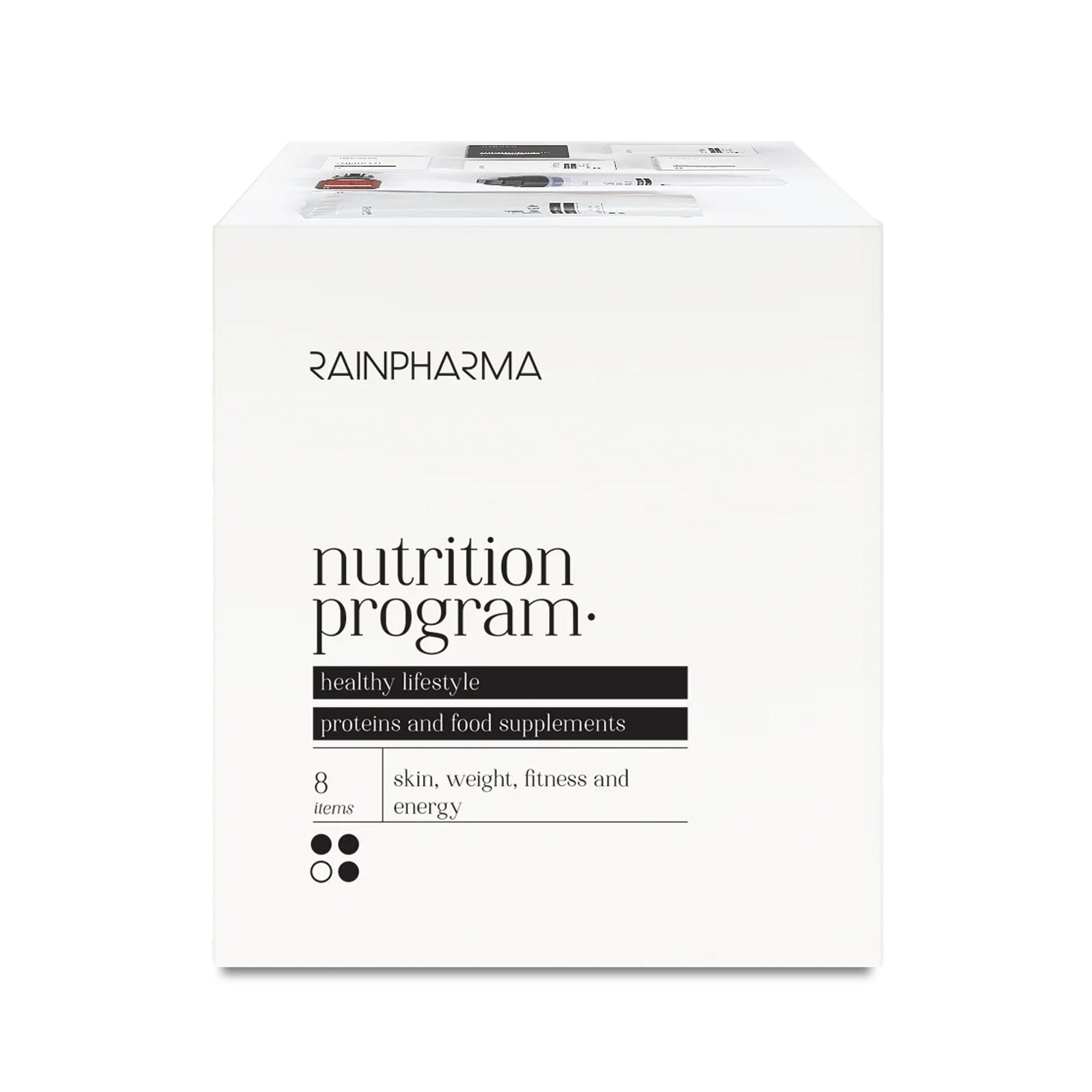 RainPharma Nutrition Program van RainPharma: een witte doos met 8 producten voor huid, gewicht, fitheid en energie. Bevat proteïnen en supplementen om je te helpen je welzijnsdoelen te bereiken en een gezonde levensstijl te ondersteunen.