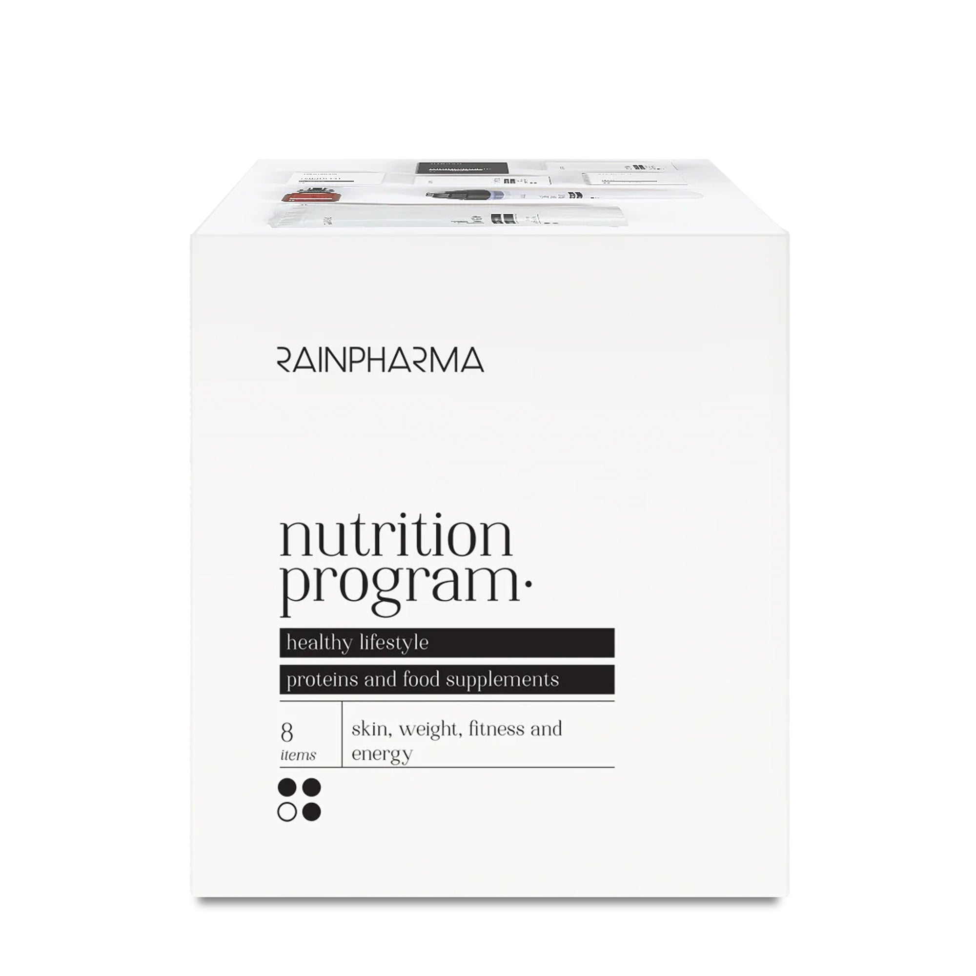 Het RainPharma Nutrition Program is een witte doos met 8 voedingssupplementen van RainPharma voor huid, gewicht, fitheid en energie. Het ondersteunt een gezonde levensstijl met essentiële eiwitten en voedingsstoffen.