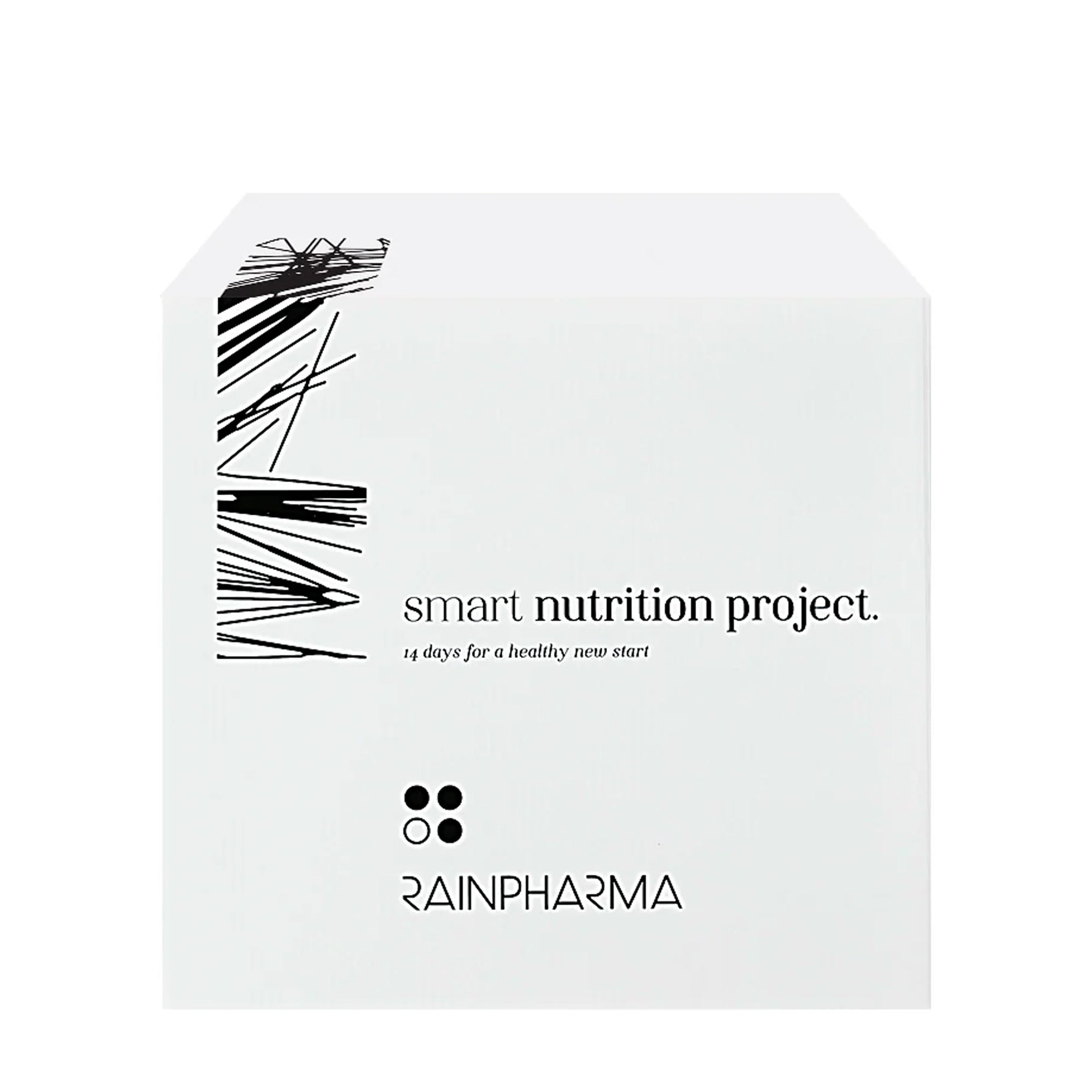 Witte doos met abstracte zwarte lijnen met de tekst "RainPharma Smart Nutrition Project (grotere verpakkingen)". De tekst luidt "14 dagen voor een gezonde nieuwe start" met "RainPharma" onderaan voor een detoxmoment.