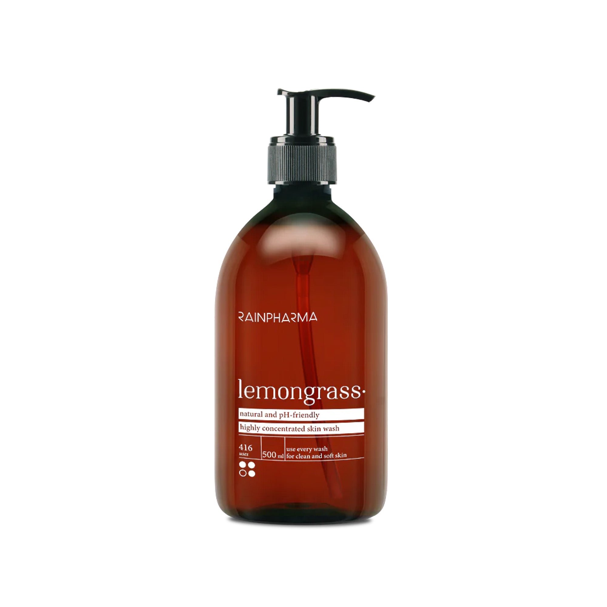 Een bruine pompflacon met het label "RainPharma Skin Wash Lemongrass", een douchegel op plantaardige basis met natuurlijke ingrediënten, die bekend staat om zijn zachtheid en pH-vriendelijkheid.