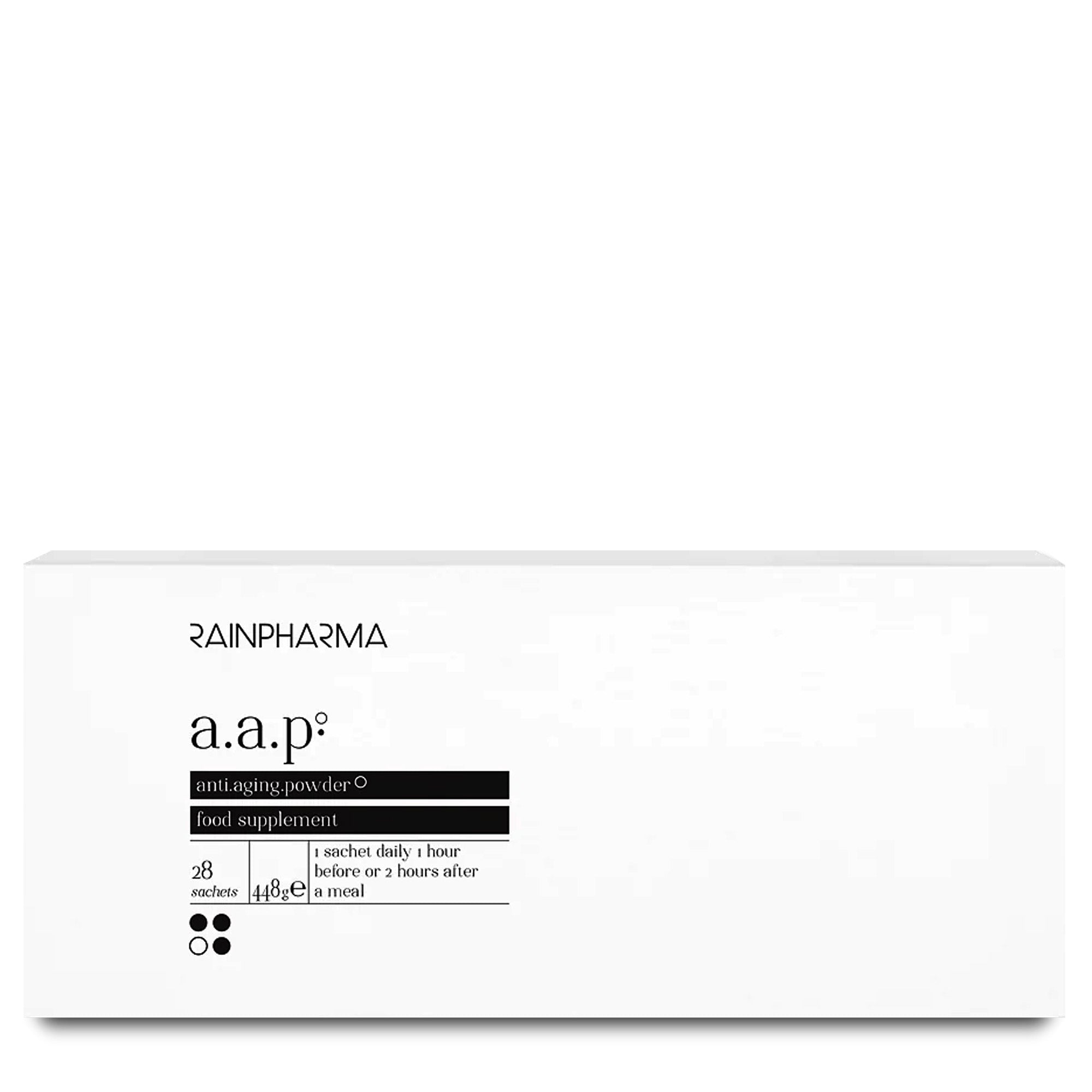Een wit doosje met de tekst "RainPharma Anti.Aging.Powder (AAP) - collageen" bevat 28 zakjes met viscollageen en glucosamine. Op elk zakje van 4,4 gram staan instructies voor dagelijks gebruik op de voorkant.