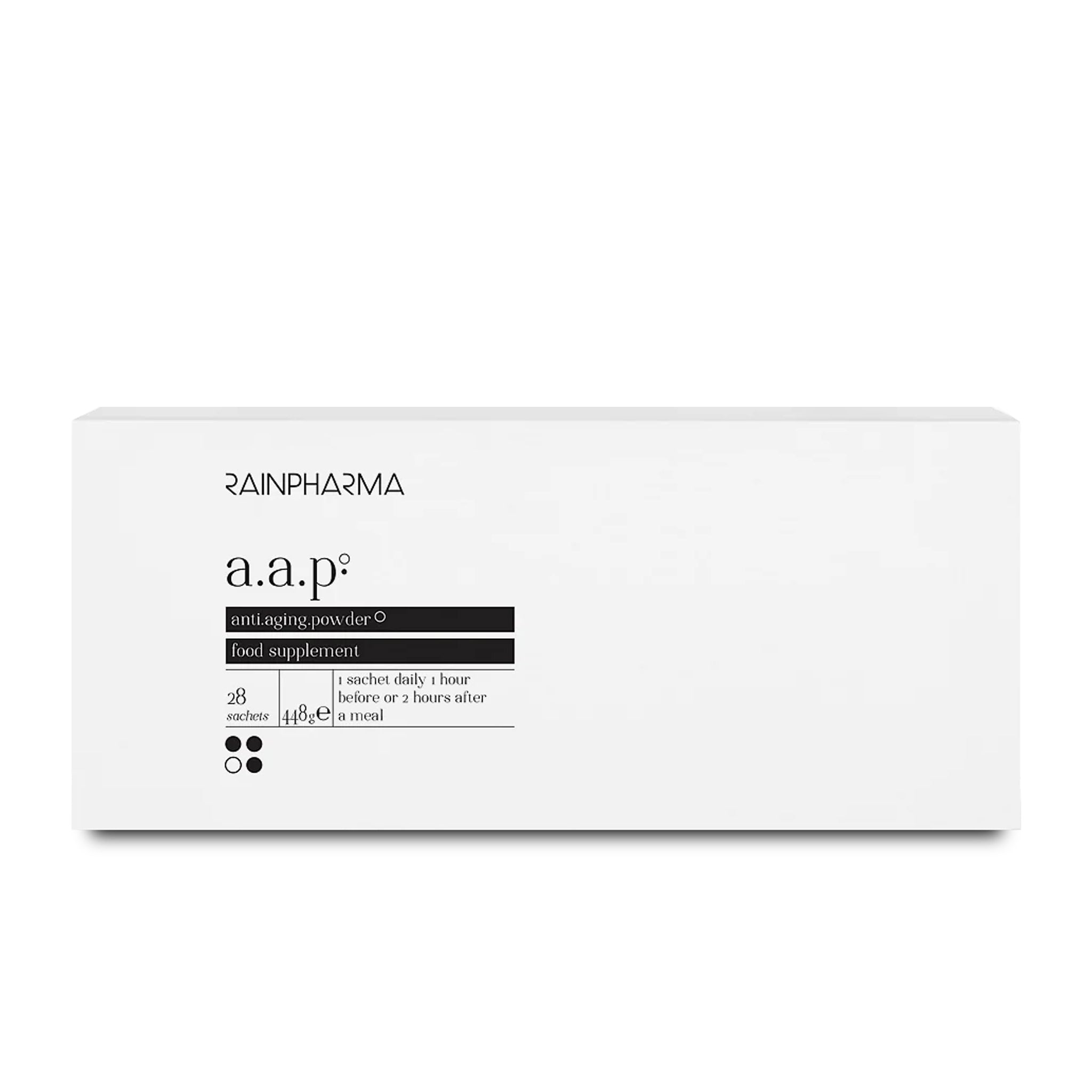 Witte rechthoekige doos van RainPharma Collageen Supplement - AAP (anti.aging.powder) voedingssupplement met viscollageen, met de productnaam, gebruiksaanwijzing en gewicht op het etiket aan de voorkant.