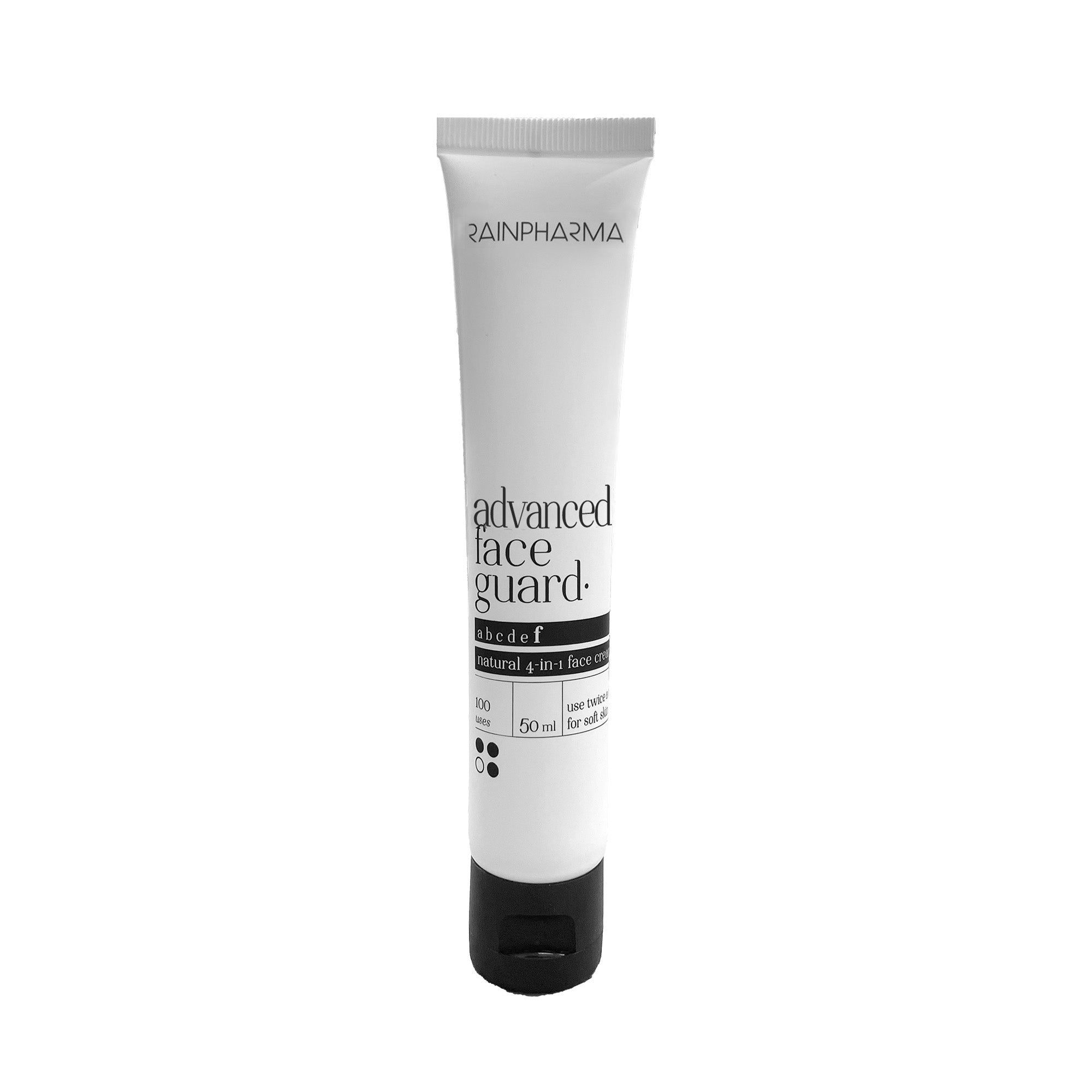 Een witte tube met het label "RainPharma Advanced Face Guard - NIEUW", deze 50 ml natuurlijke gezichtscrème met zwarte dop is een 4-in-1 formule met rode algenextract voor geavanceerde bescherming.
