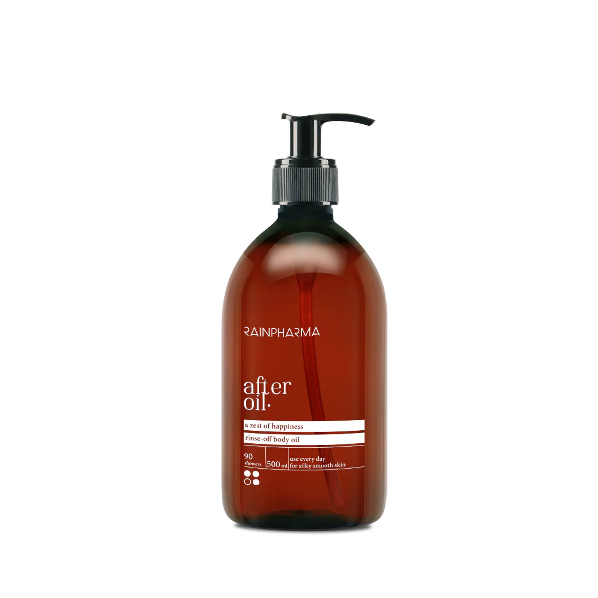 Bruin pompflacon met het opschrift "Classic After Oil - A Zest Of Happiness" van RainPharma, met productdetails in witte letters en een heerlijke citrusgeur.