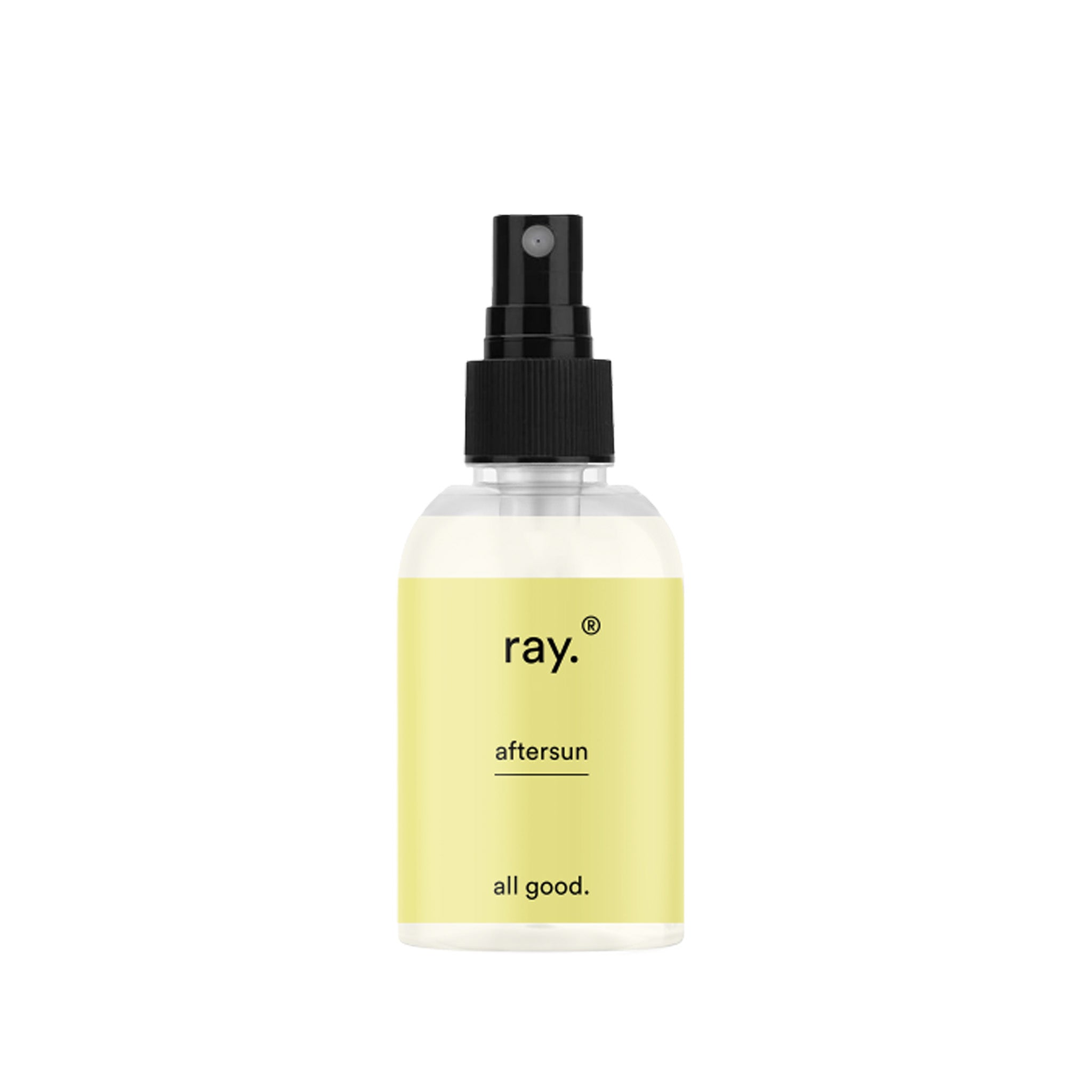 Een heldere 100 ml Ray Aftersun sprayfles met een zwarte spuitmond en lichtgeel etiket, op een witte achtergrond.