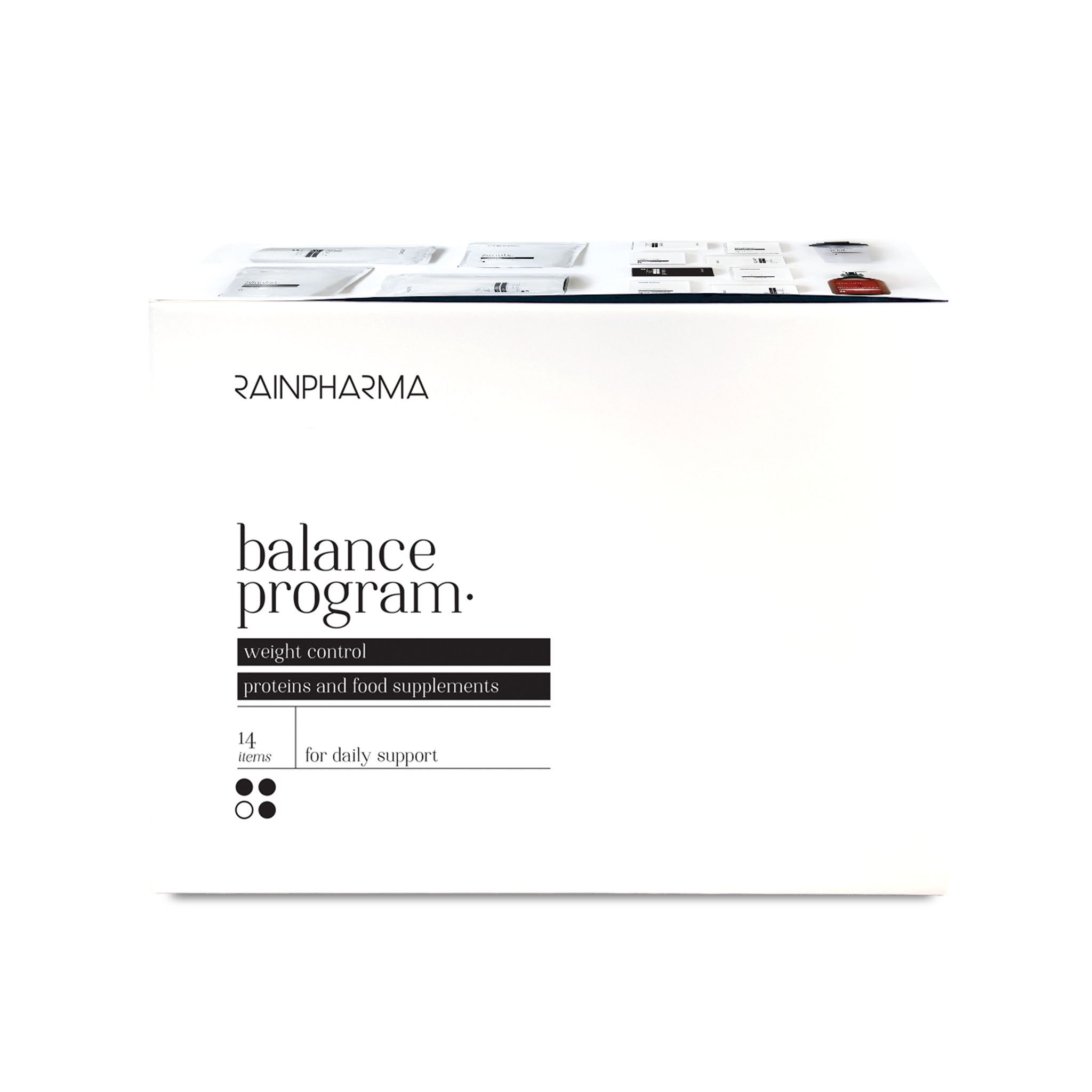 Een witte doos met het label "RainPharma Balance Program - Dieet Programma" van RainPharma, met 14 artikelen voor dagelijkse gewichtscontrole, proteïnen en natuurlijke voedingssupplementen.
