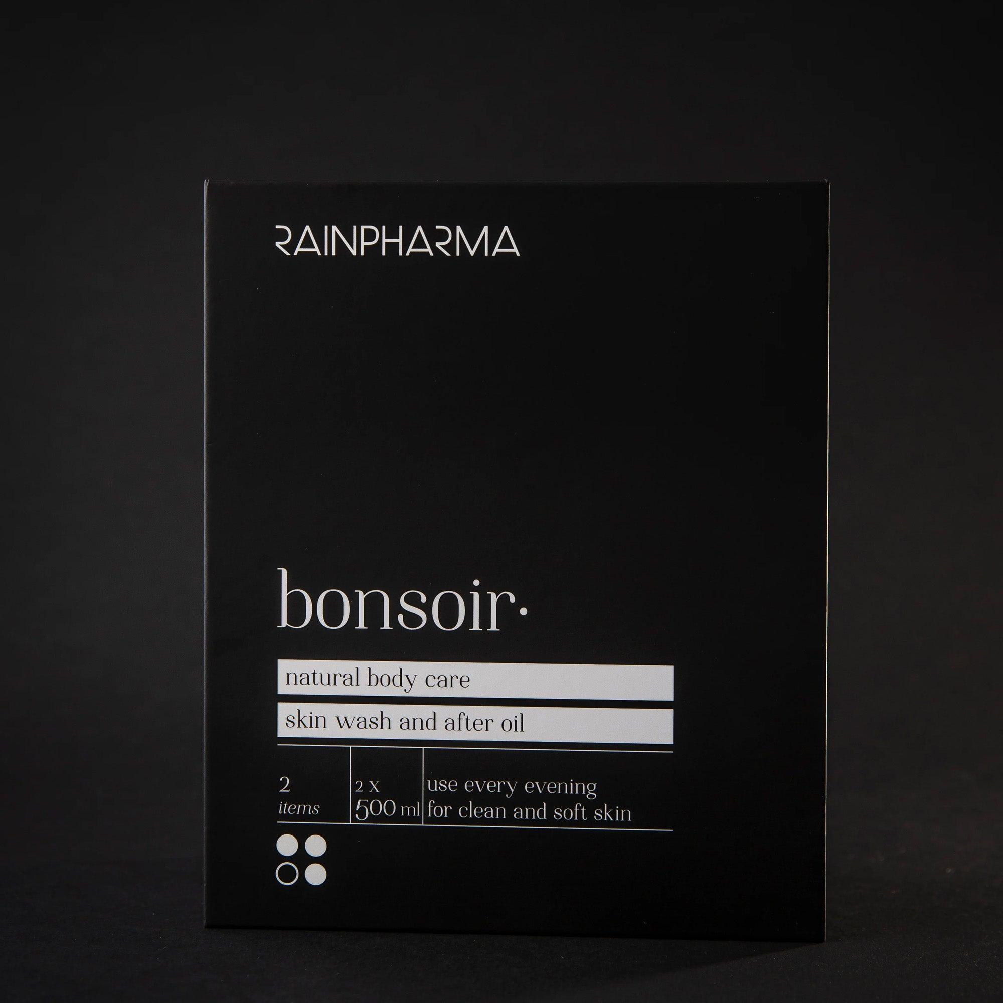 RainPharma Bonsoir Shower Duo bestaat uit Skin Wash Bonsoir + After Oil Bonsoir, elk 500 ml, in een strakke zwarte verpakking - een ontspannende doucheset die perfect is om elke avond tot rust te komen.