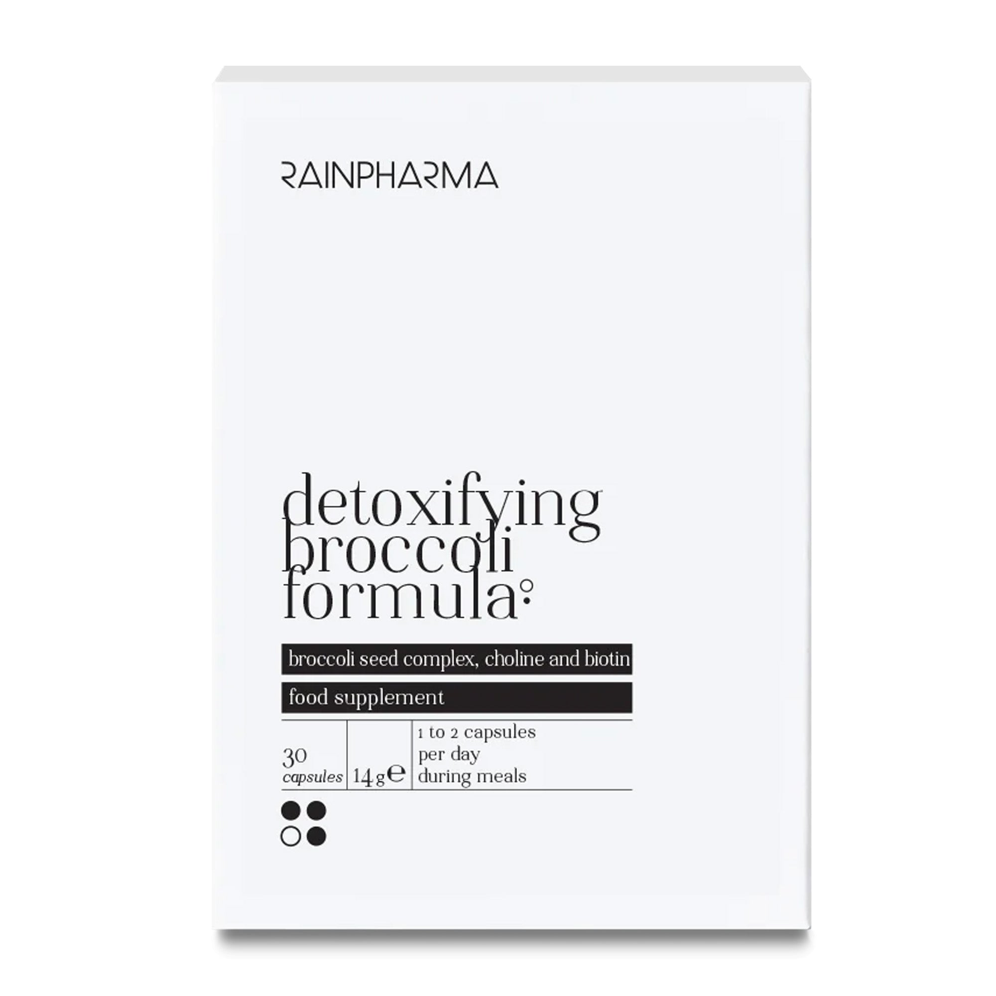 Een witte doos met de tekst "RainPharma Detoxifying Broccoli Seed Caps" voedingssupplement met broccolizaadextract, sulforafaan en biotine, met doseerinstructies en productgegevens in zwarte tekst.