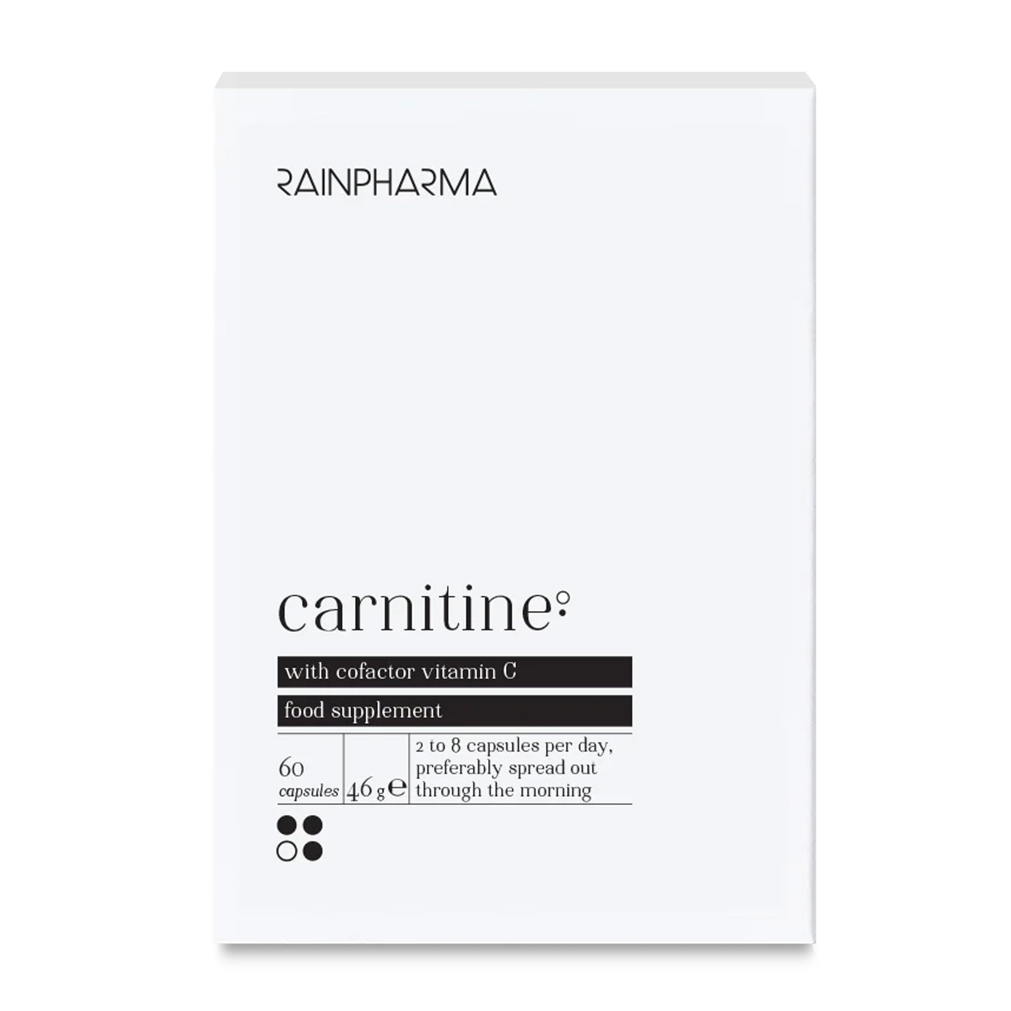 RainPharma Carnitine (Dry energy) is een voedingssupplement in witte doos met L-carnitine en vitamine C ter ondersteuning van het vetmetabolisme. Op de voorkant staan doseerinstructies. Bevat 60 capsules.