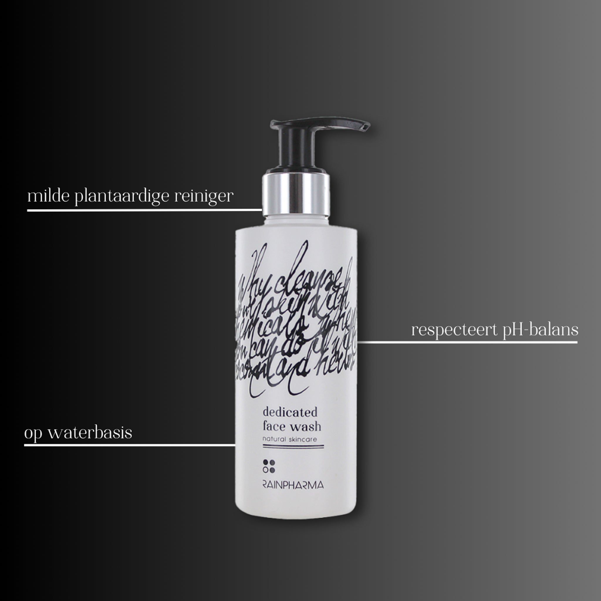 Een 200 ml fles RainPharma Dedicated Face Wash met pompdispenser, een milde, plantaardige reiniger op waterbasis met citrusoliën die de pH-balans respecteert, afgebeeld op een achtergrond met kleurverloop.