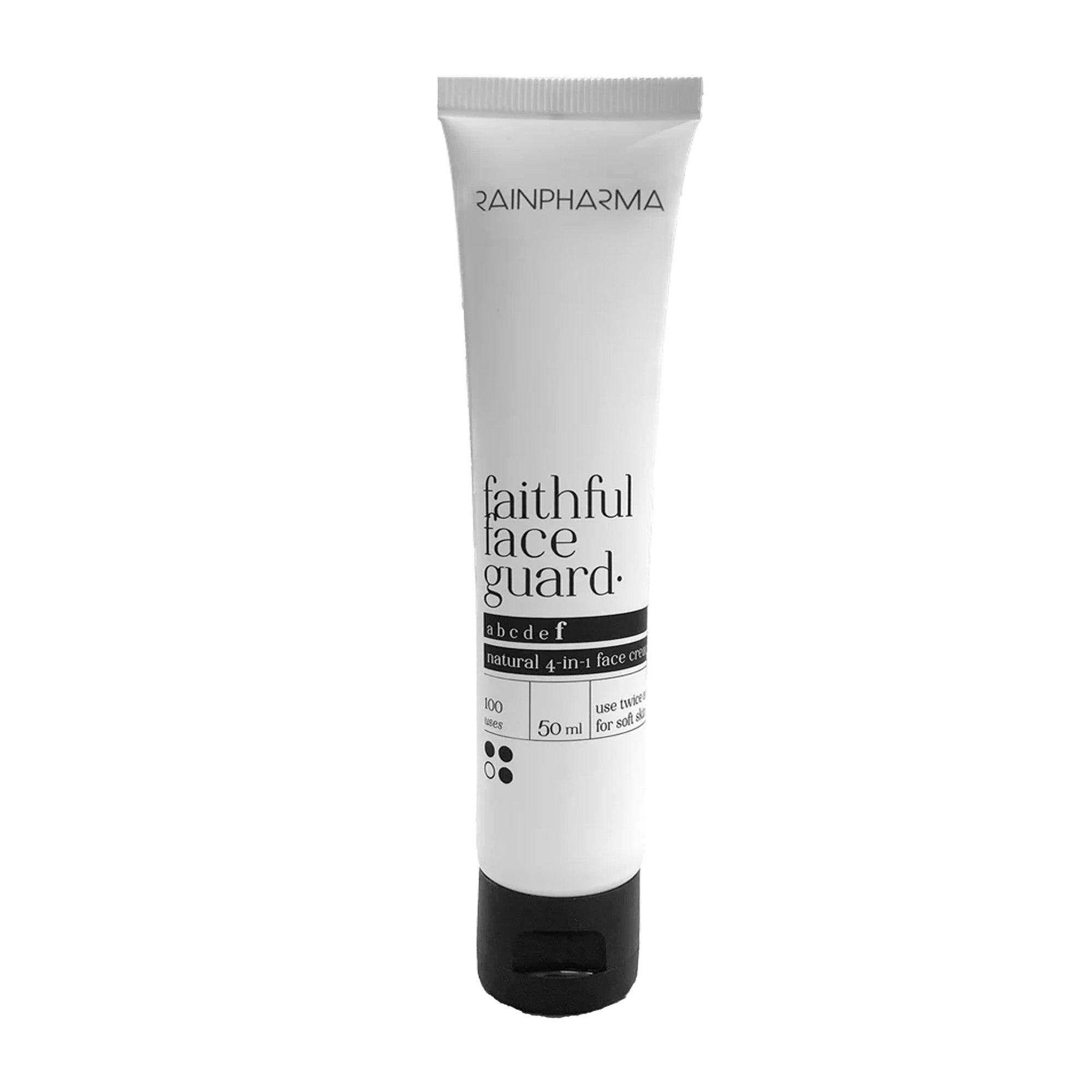 Faithful Face Guard (dag- en nachtcrème) van RainPharma zit in een witte tube van 50 ml met zwarte dop en minimalistisch design, en bevat natuurlijk extract rode alg voor dagelijkse huidverzorging.