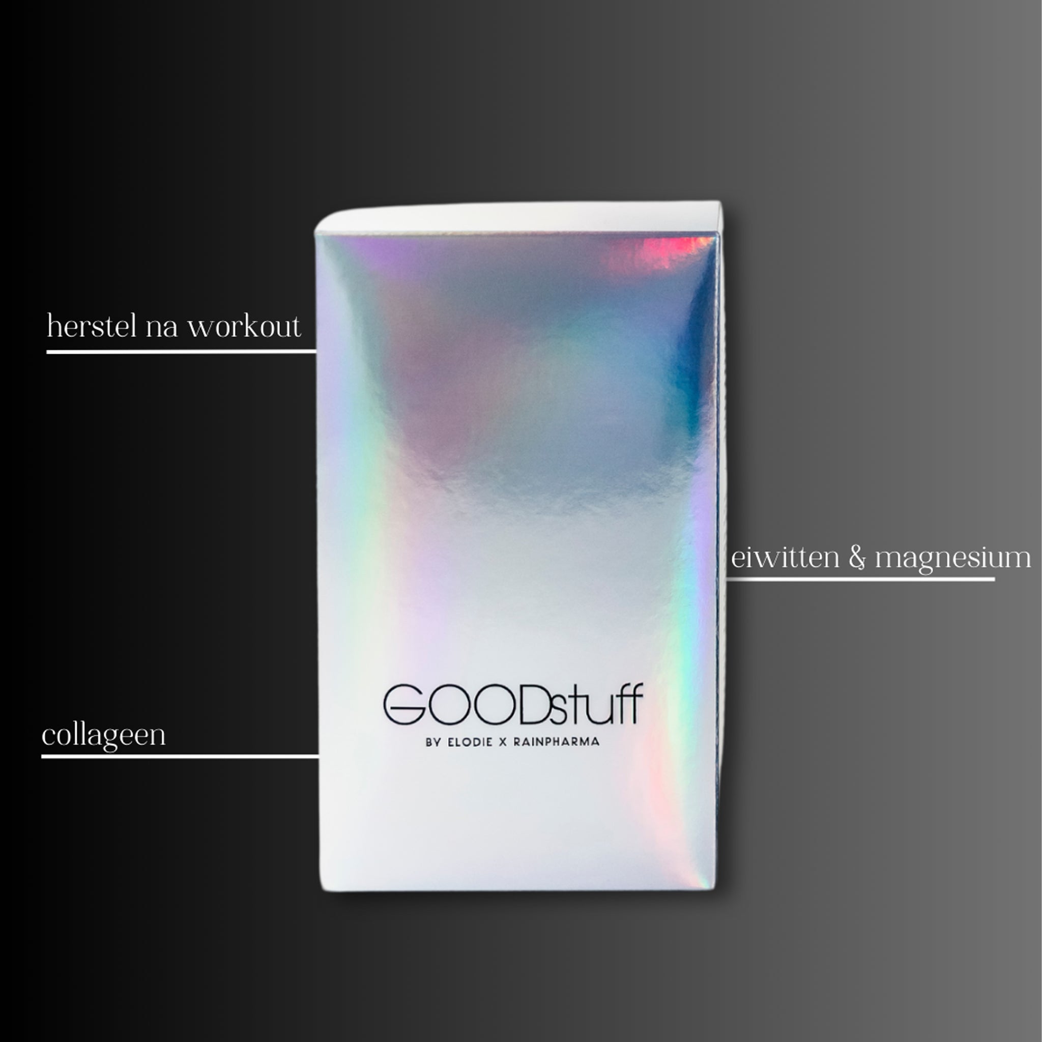 Good Stuff by Elodie x Rainpharma gebruikt holografische verpakkingen om de voedingsvoordelen in het Nederlands te benadrukken: &