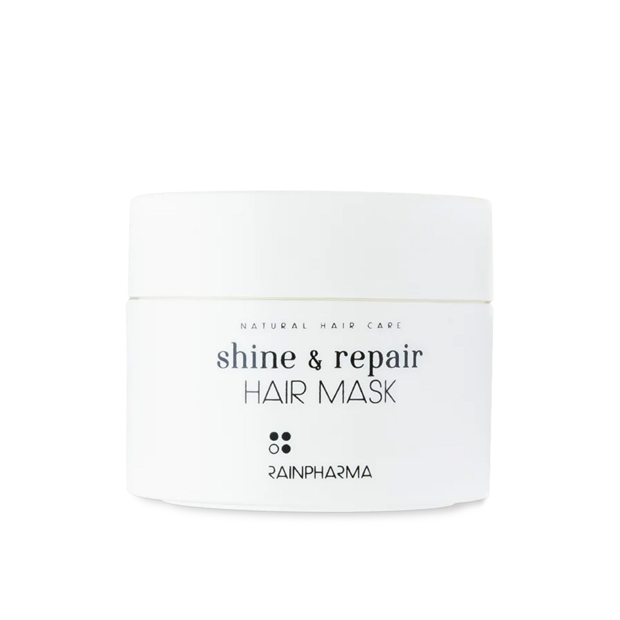 Een witte pot RainPharma Haarmasker (Shine & Repair Haarmasker), gemaakt voor natuurlijke haarverzorging en versterking, verschijnt tegen een effen witte achtergrond.