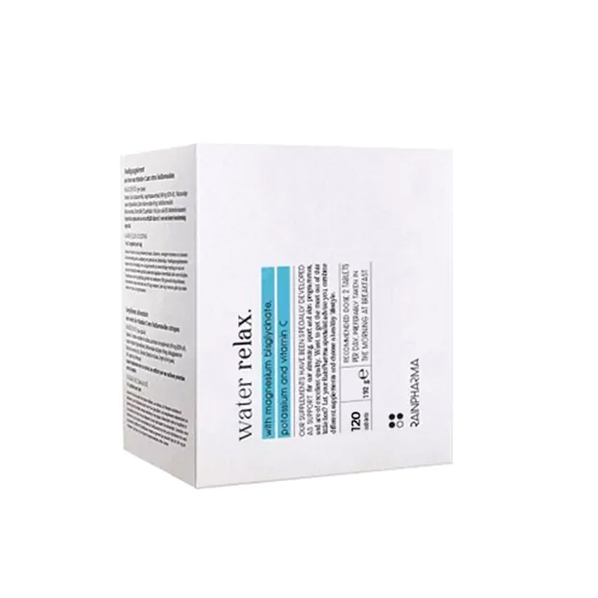 Een witte doos met het label "Magnesium (Water Relax)" van RainPharma is voorzien van blauwe en zwarte tekst, die productdetails benadrukt over dit magnesiumsupplement met vijf vormen magnesium om vermoeidheid te helpen verminderen.
