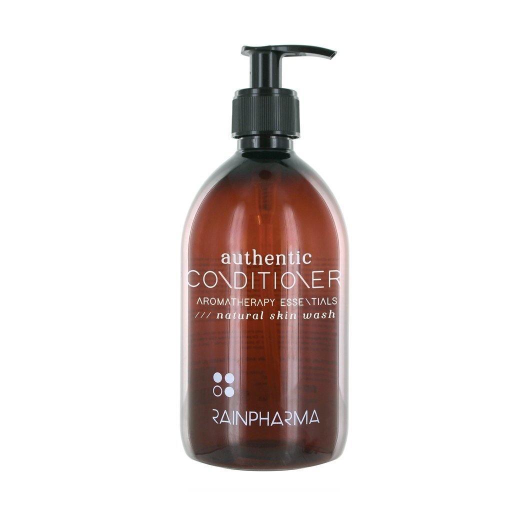 Een bruine pompflacon met het label "Finishing Conditioner (Authentic Conditioner)" van RainPharma.