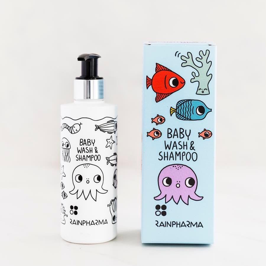Een 200 ml fles en doos RainPharma Baby Wash & Shampoo, een zacht hypoallergeen babyproduct, met geïllustreerde zeedieren zoals een octopus, vissen en koraal op een witte achtergrond.