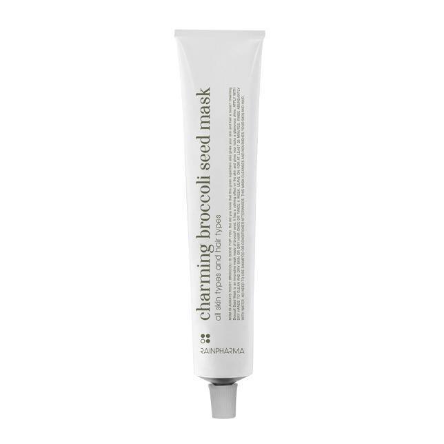 Een minimalistische witte tube met de naam RainPharma Charming Broccoli Seed Mask - kalmerend en herstellend, geschikt voor alle huidtypes en haar: de perfecte broccolizaad masker voor superfood huidverzorging.