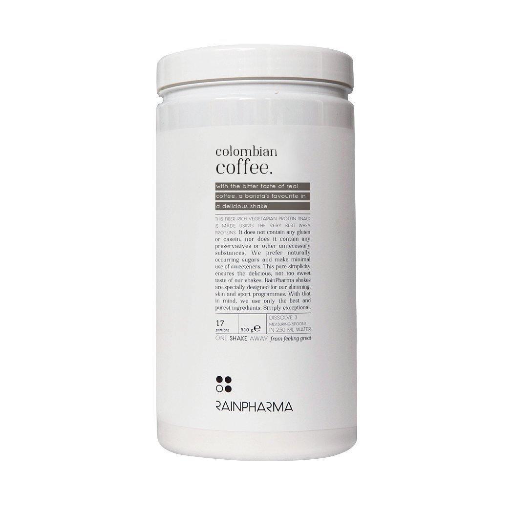 Witte fles met het opschrift &quot;Colombiaanse Coffee Shake&quot; van Rainpharma met gedetailleerde voedings- en productinformatie.