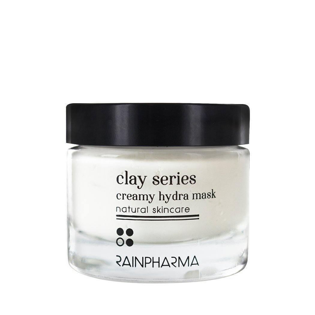 Een potje RainPharma Creamy Hydra Mask - hydratatie, bestempeld als natuurlijke huidverzorging van plantaardige oorsprong.