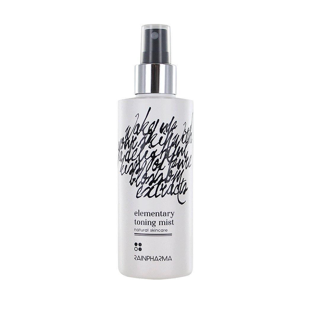 RainPharma Toning Mist is een natuurlijk huidverzorgingsproduct in een witte fles met een zwarte verstuiver en abstracte tekst, dat werkt als een verfrissende komkommer gezichtsnevel.