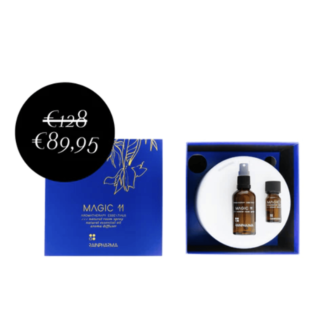 Ontdek de elegante Aroma Diffuser Geschenkbox - Magic 11 van RainPharma, met de MAGIC 11 gezichtscrème en serumset, verrijkt met een hemelse Room Spray-geur. Deze luxueuze collectie kost € 89,95 en biedt een ongeëvenaarde zintuiglijke ervaring.