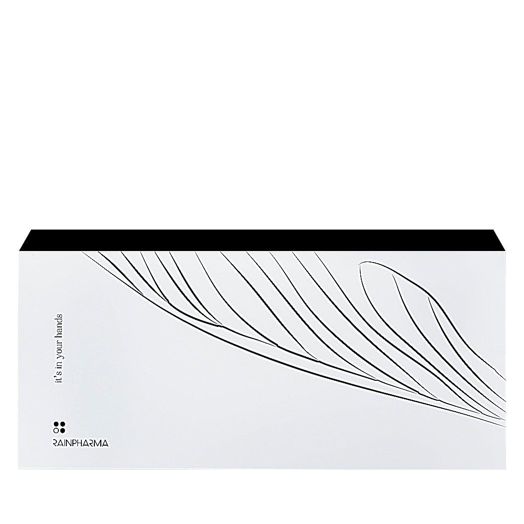 Witte doos met zwart deksel met een minimalistisch bladmotief, met de opschriften "it&