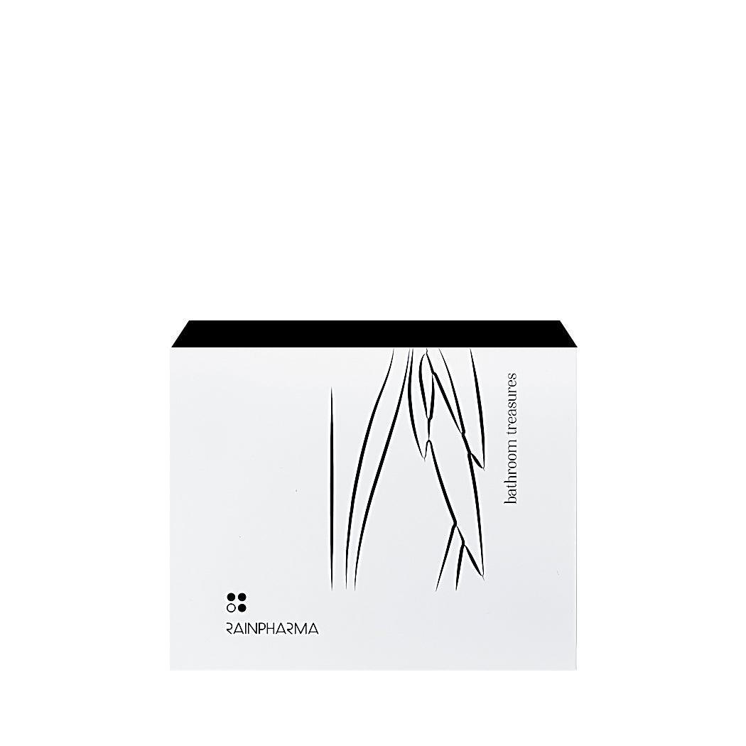 Een strakke witte rechthoekige doos met minimalistische zwarte lijnen, gelabeld "Shower Set - Bathroom Treasures" van RainPharma en 100% plantaardige Skin Wash-ideaal voor een doucheset met natuurlijke geuren.