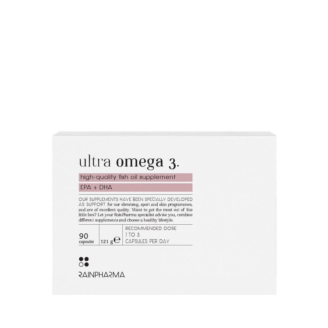 Een doosje RainPharma Omega 3 (Ultra Omega 3) bevat 90 capsules met EPA- en DHA-vetzuren, plus een duidelijke doseeraanwijzing.