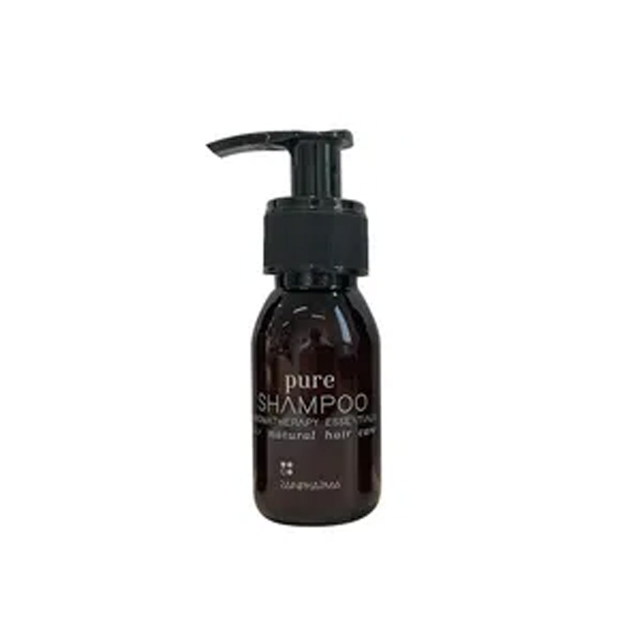 Een donkerbruine fles met pompdispenser met het opschrift "RainPharma Pure Shampoo 60 ml - Reisformaat" zit boordevol natuurlijke haarverzorging, verfrist uw hoofdhuid en bevordert een gezonde huid.
