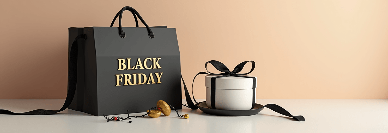 Een zwarte boodschappentas met de tekst "Black Friday" ligt naast een geschenkdoos die is dichtgebonden met een zwart lint en een gouden ornament op een minimalistische achtergrond.